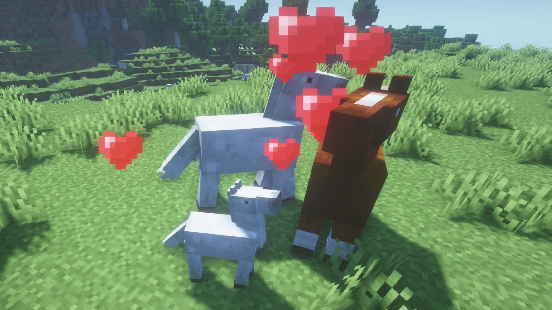 Minecraft Horses 桌布 壁紙 — 兩匹像素馬，心形在它們周圍漂浮，在一個方塊狀的草地上，天空晴朗。