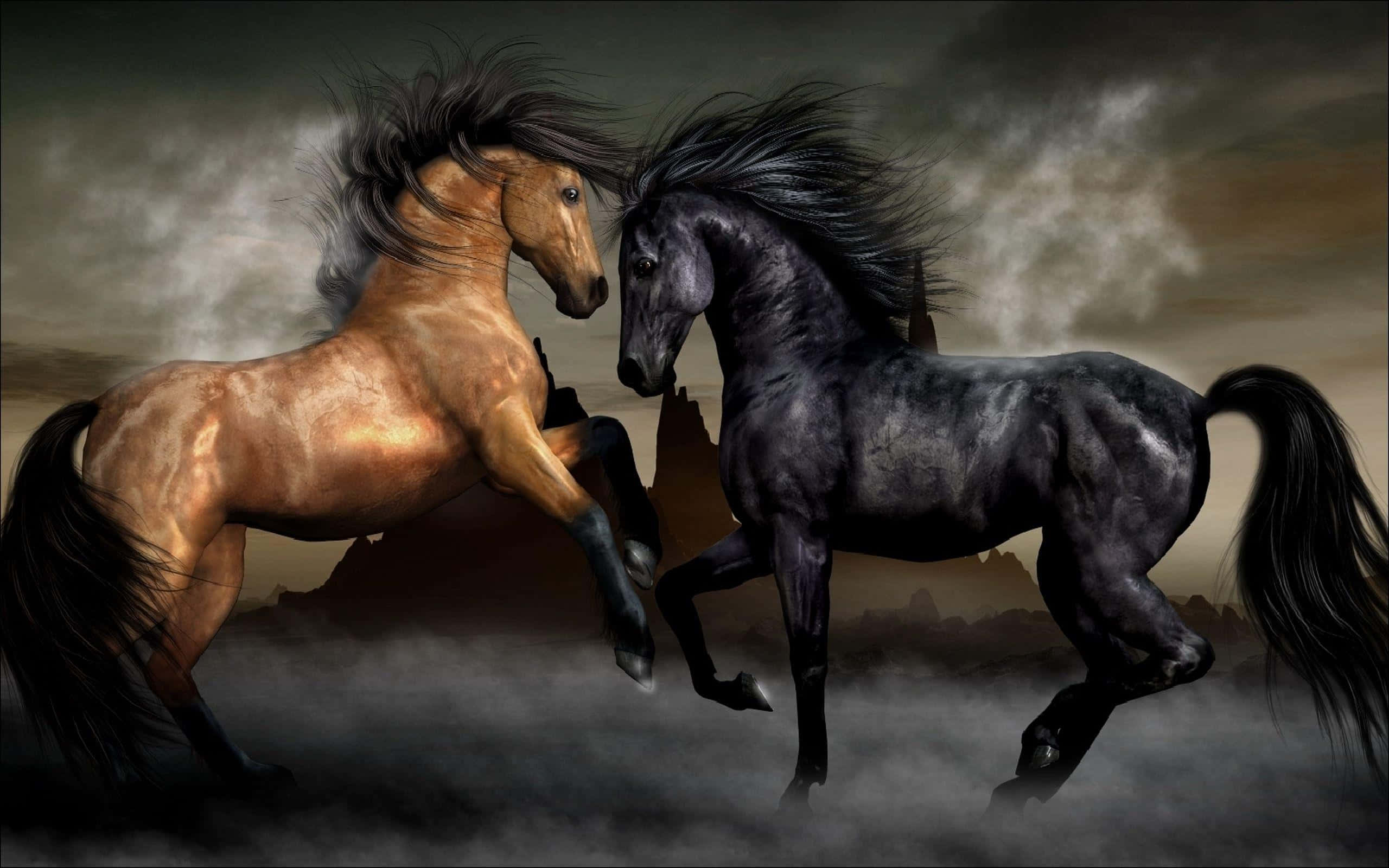 Brown Horse 桌布 壁紙 — 兩匹雄偉的馬——一匹金色，一匹黑色——在風暴迷霧的背景中，鬃毛飄揚，向前衝刺。