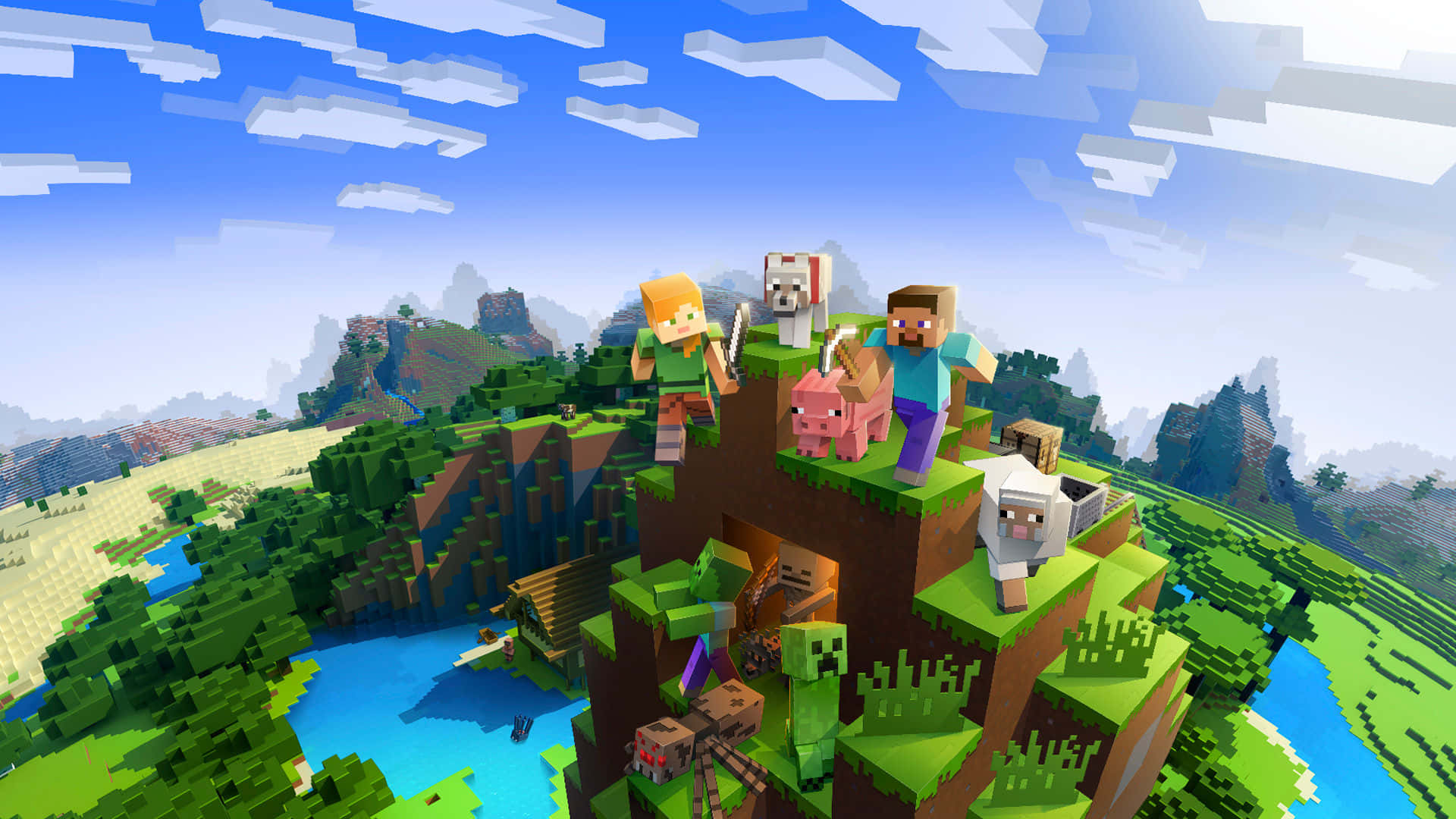 Minecraft Pocket Edition 桌布 壁紙 — 兩名Minecraft玩家和他們的動物站在一片茂密的綠色懸崖上，俯瞰著像素化的河流和森林，天空湛藍。
