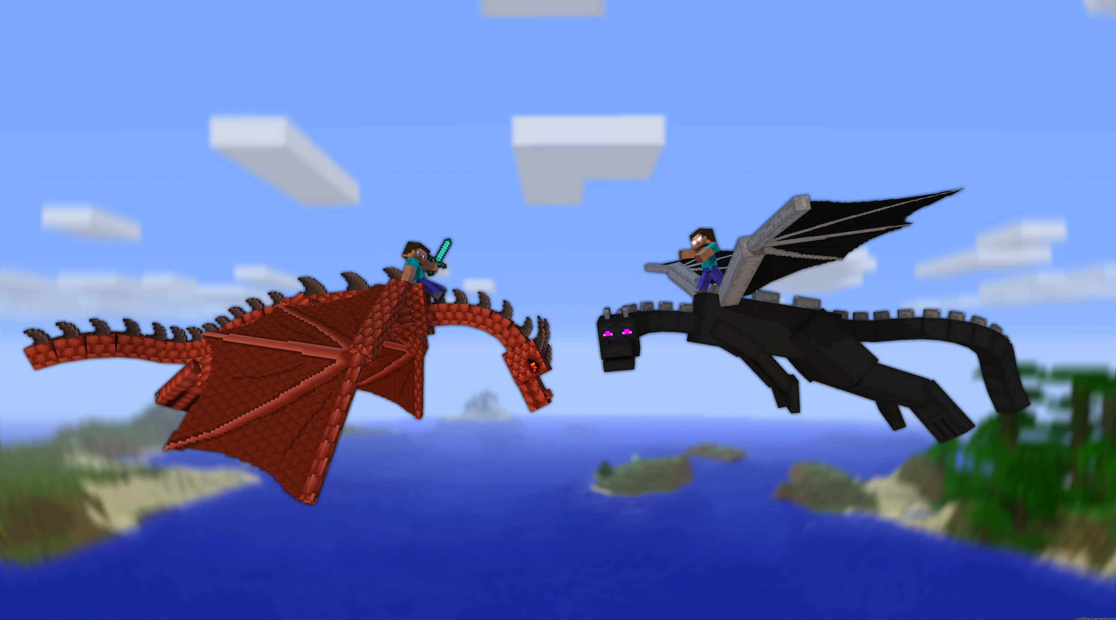 Minecraft Fight 桌布 壁紙 — 兩名Minecraft玩家喺藍色海洋同浮島上面嘅像素化天空中騎住巨龍。