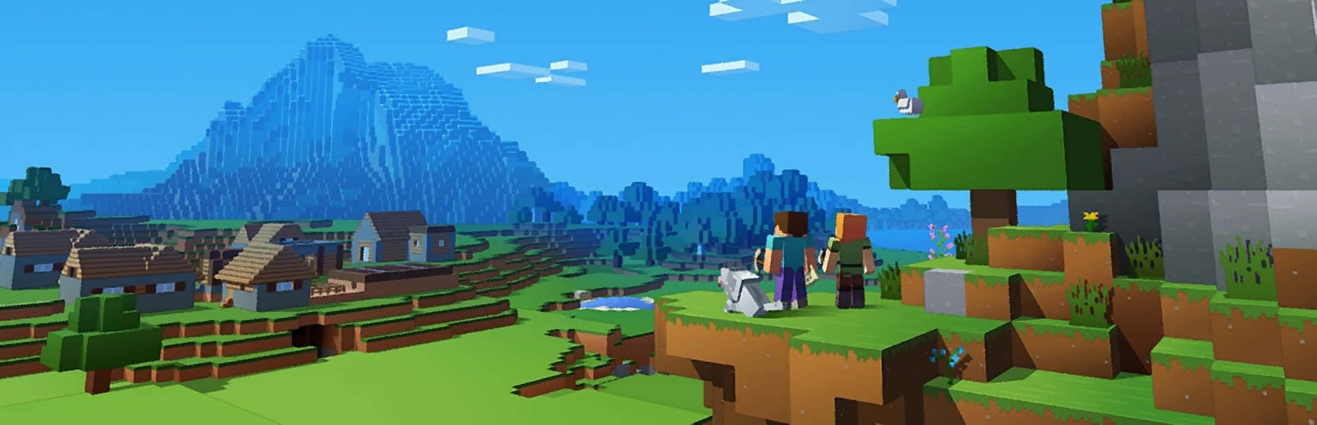 Minecraft Bedrock Edition 桌布 壁紙 — 兩名Minecraft玩家站在長滿草的懸崖上，俯瞰著一個像素化村莊，遠處有一座高聳的山峰，天空清澈湛藍。