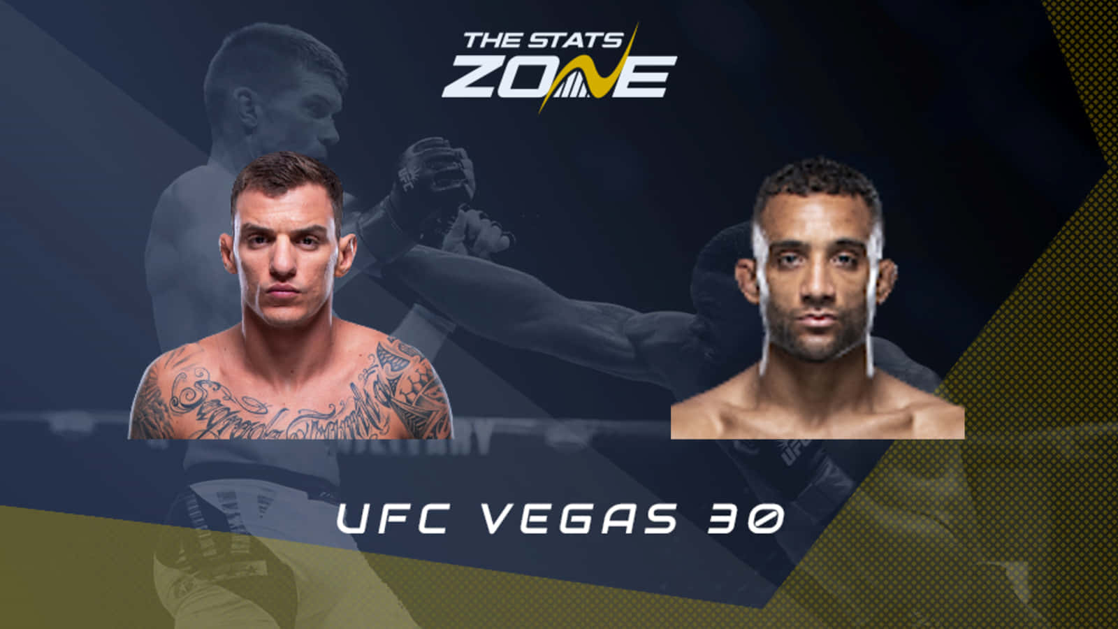 Renato Moicano UFC Vegas 30 壁紙 — 兩名UFC拳手在深色幾何背景前，滿身紋身和汗水，凝視鏡頭。