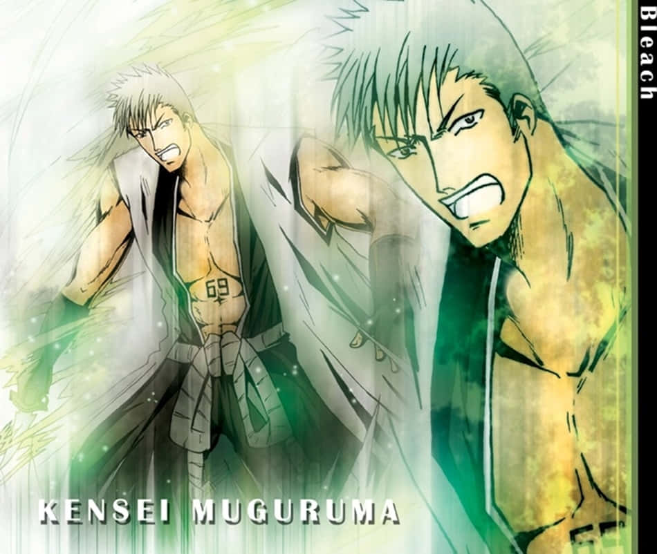 Kensei Muguruma 桌布 壁紙 — 兩名來自《Bleach》的激烈動漫戰士，帶著綠色能量光環，在動態戰鬥場景中交鋒。