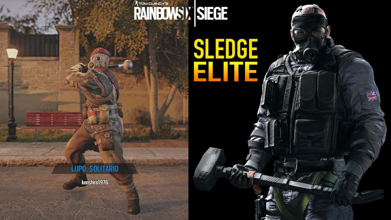 Rainbow Six Siege Sledge 桌布 壁紙 — 兩名來自《湯姆克蘭西：虹彩六號：圍攻行動》的戰術幹員擺出姿勢，一人手持鐵鎚身處城市環境，另一人則以黑色背景襯托。