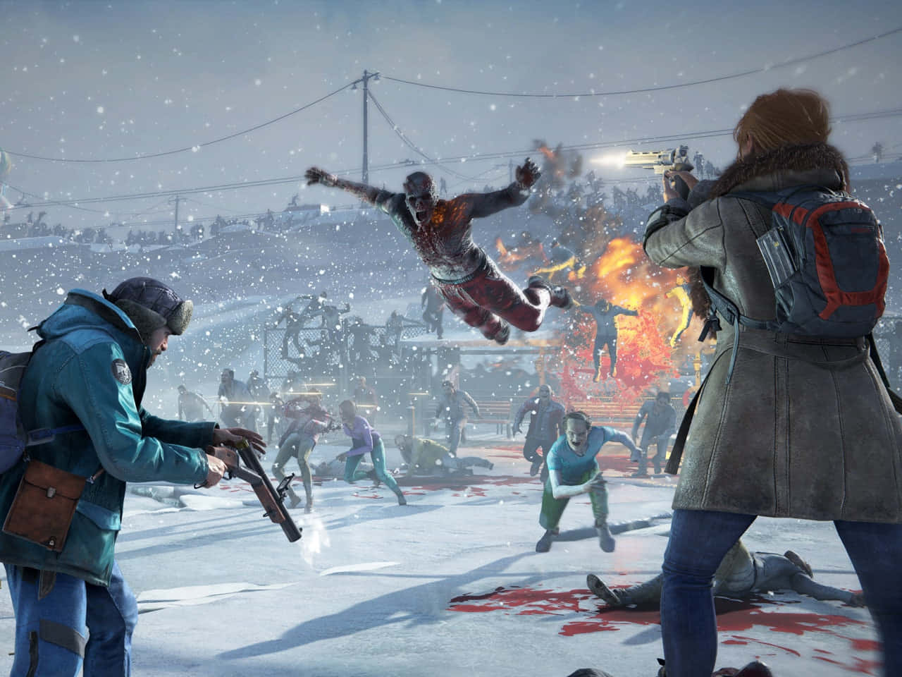 2 Player Games 桌布 壁紙 — 兩名倖存者在白雪覆蓋的城市廢墟中，向空中和地面的喪屍開火，現場有血跡和爆炸。