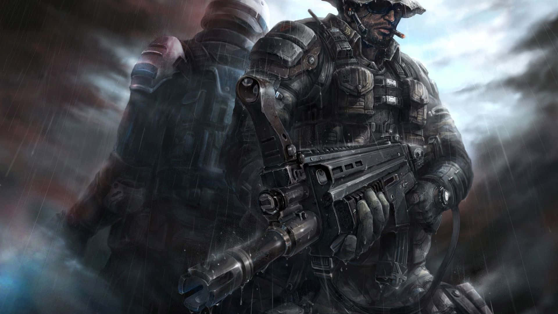 Call Of Duty Soldiers 桌布 壁紙 — 兩名全副武裝、身穿戰術裝備的士兵站在風雨交加的天空下，身處被雨水浸透的戰場。