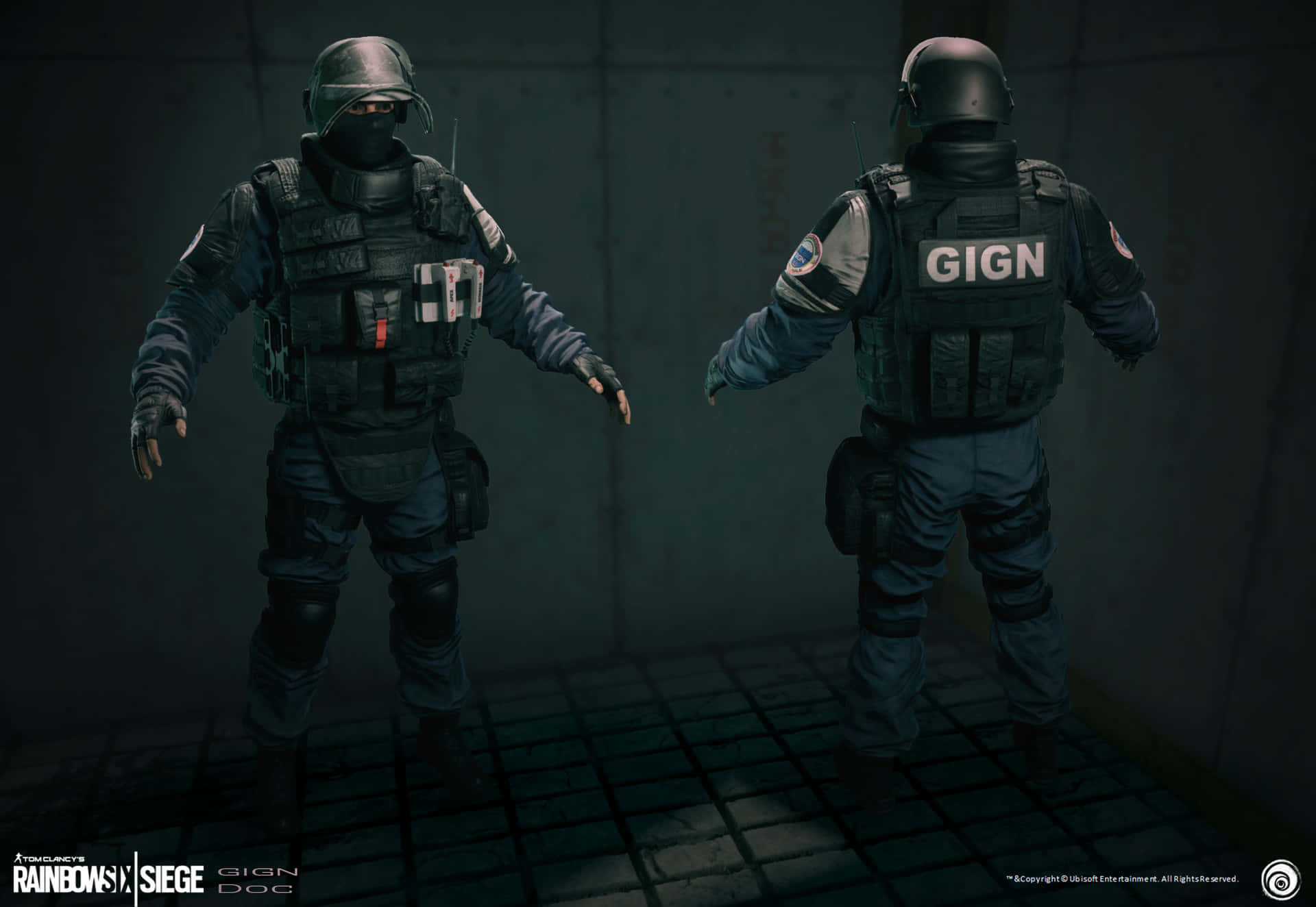 Rainbow Six Siege Doc 桌布 壁紙 — 兩名全副武裝的GIGN戰術人員在光線昏暗的混凝土房間內背靠背站立，地板為網格狀。