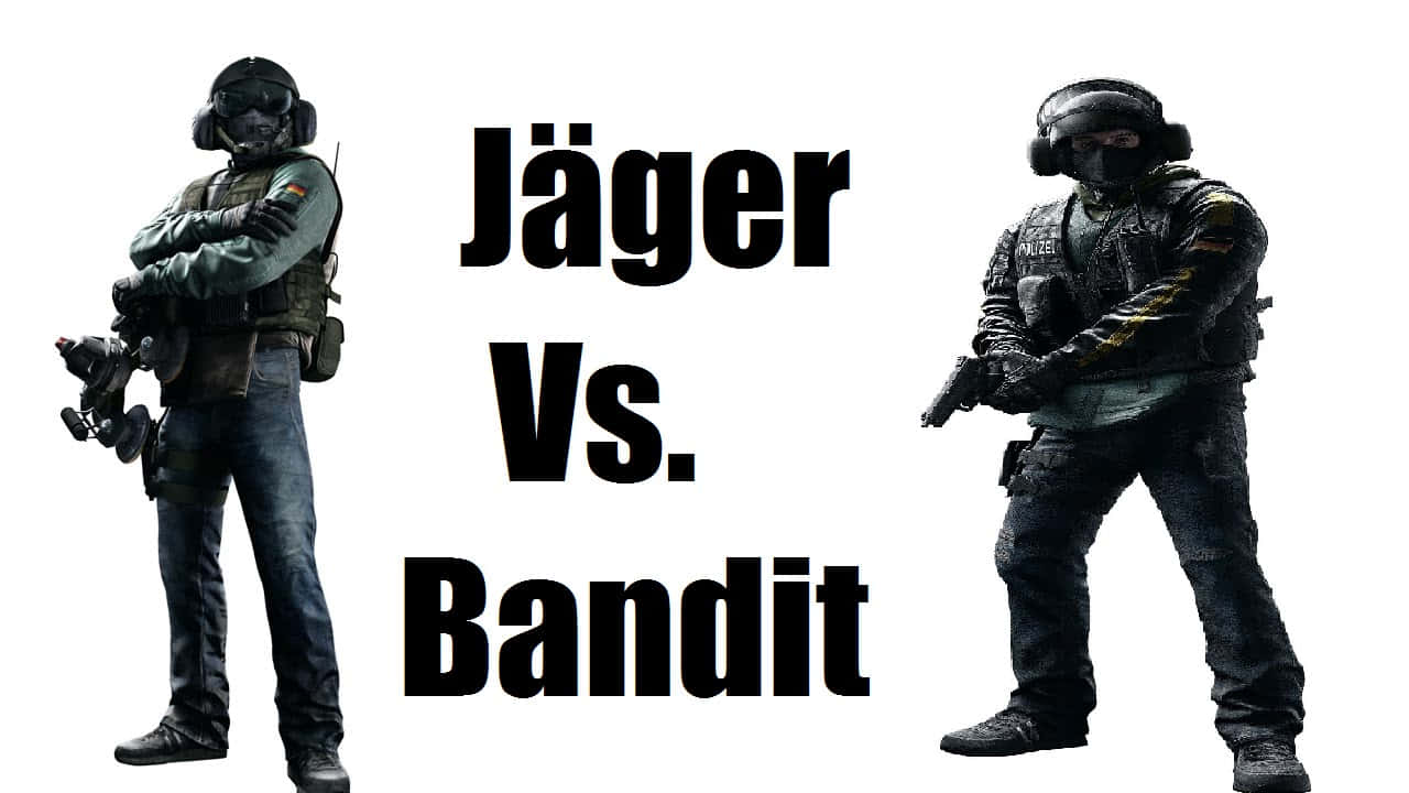 Rainbow Six Siege Bandit 桌布 壁紙 — 兩名全副武裝的戰術操作員在純白背景前對峙，粗體文字寫著 Jäger Vs. Bandit。