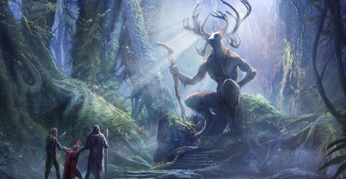Pagan 桌布 壁紙 — 兩名冒險者跪在一位坐在長滿青苔的王座上的巨大鹿頭神面前，身處迷霧籠罩的魔法森林中。