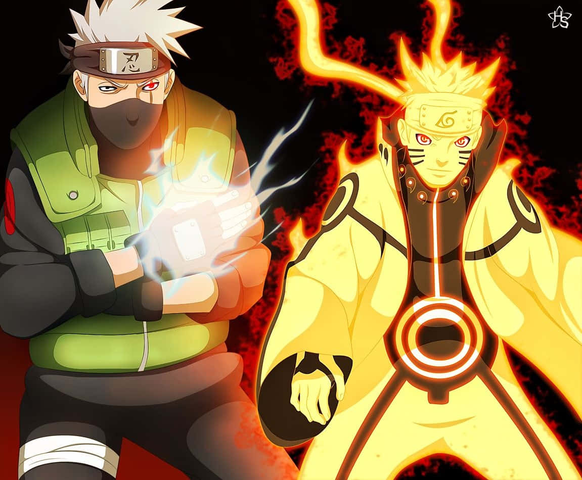 Kakashi And Naruto 桌布 壁紙 — 兩名動漫忍者以發光的查克拉拳頭在熾熱的黑暗背景中碰撞。