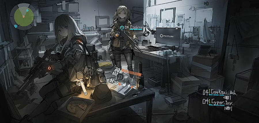 遊戲 桌布 壁紙 — 兩名動漫風格士兵身穿戰術裝備，站在雜亂昏暗的實驗室中，周圍有發光的屏幕和散落的設備。