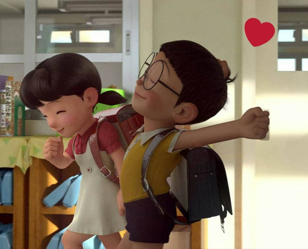 nobita shizuka love 桌布 壁紙 — 兩名動畫學童在課室中分享快樂時刻，頭頂上漂浮著一顆紅心。