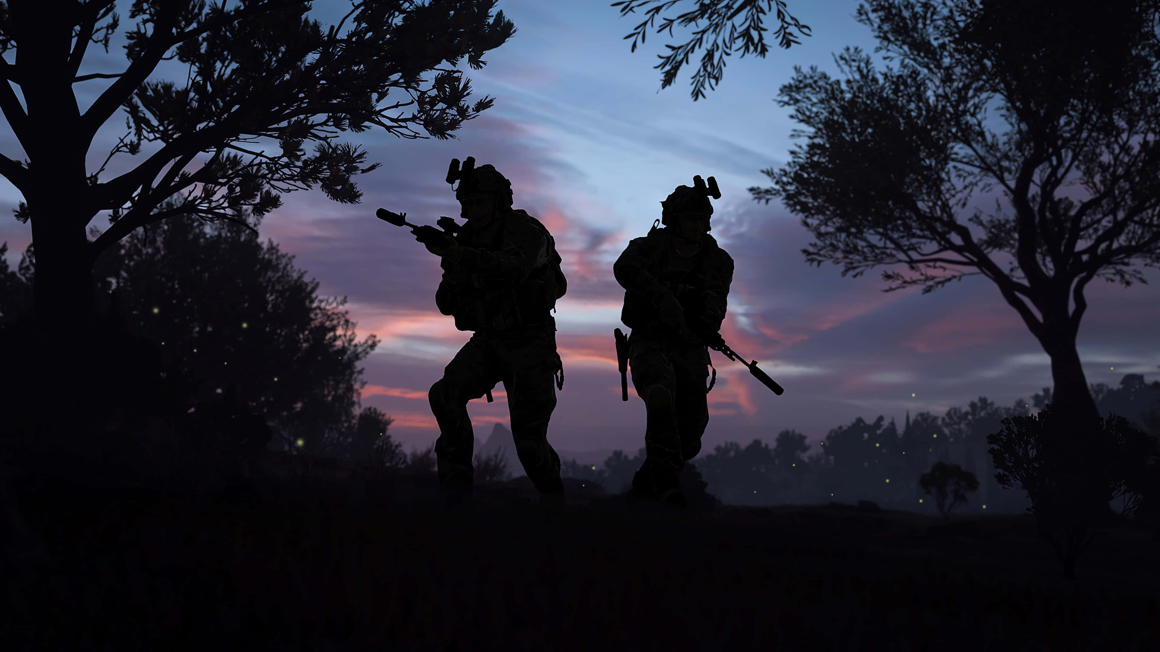 Fps 桌布 壁紙 — 兩名士兵以剪影形式穿過暮色森林，背後是充滿活力的紫色和粉紅色天空。