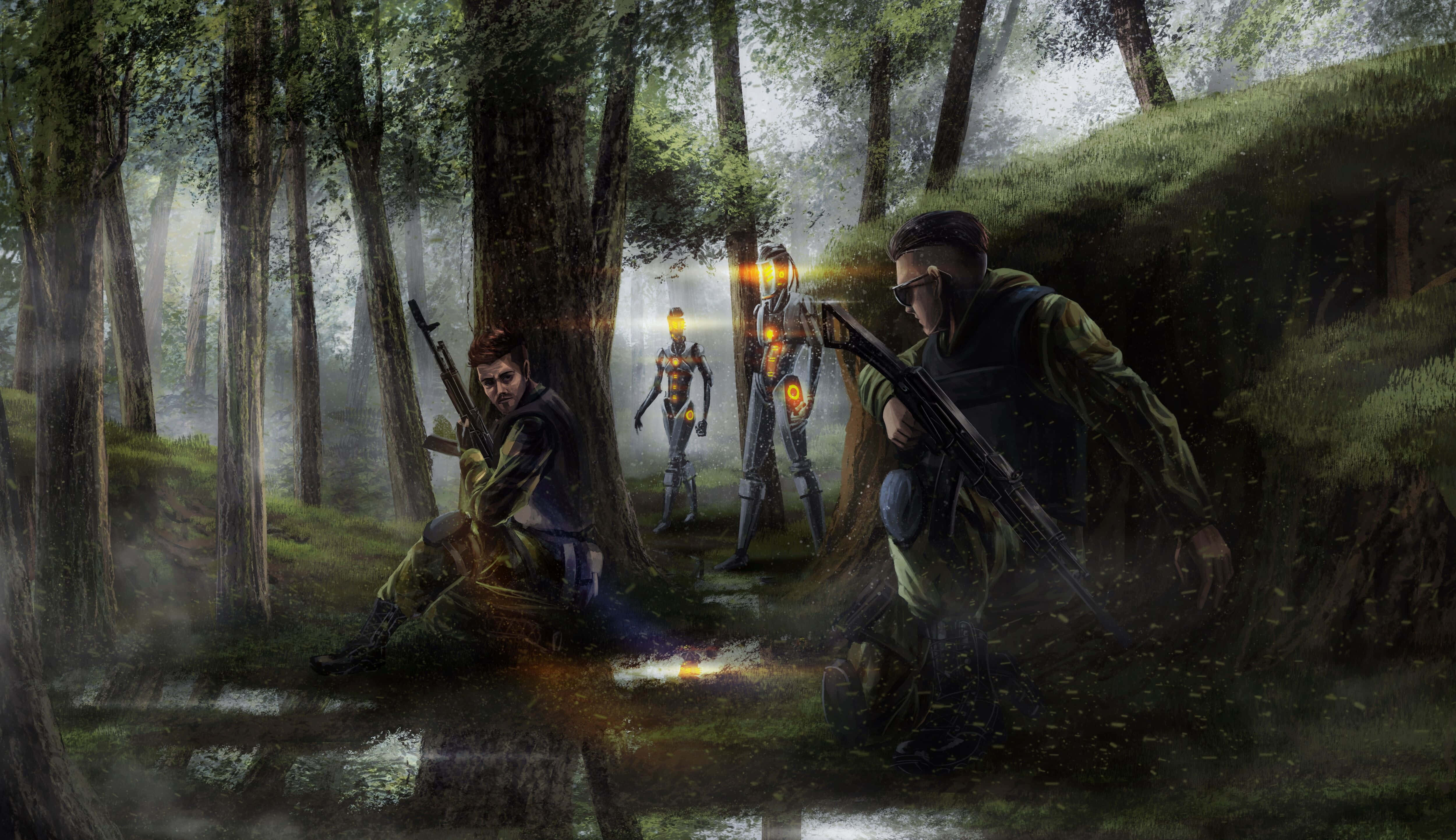 Survival Games 桌布 壁紙 — 兩名士兵和兩個發光機械人在迷霧森林中手持武器前進。