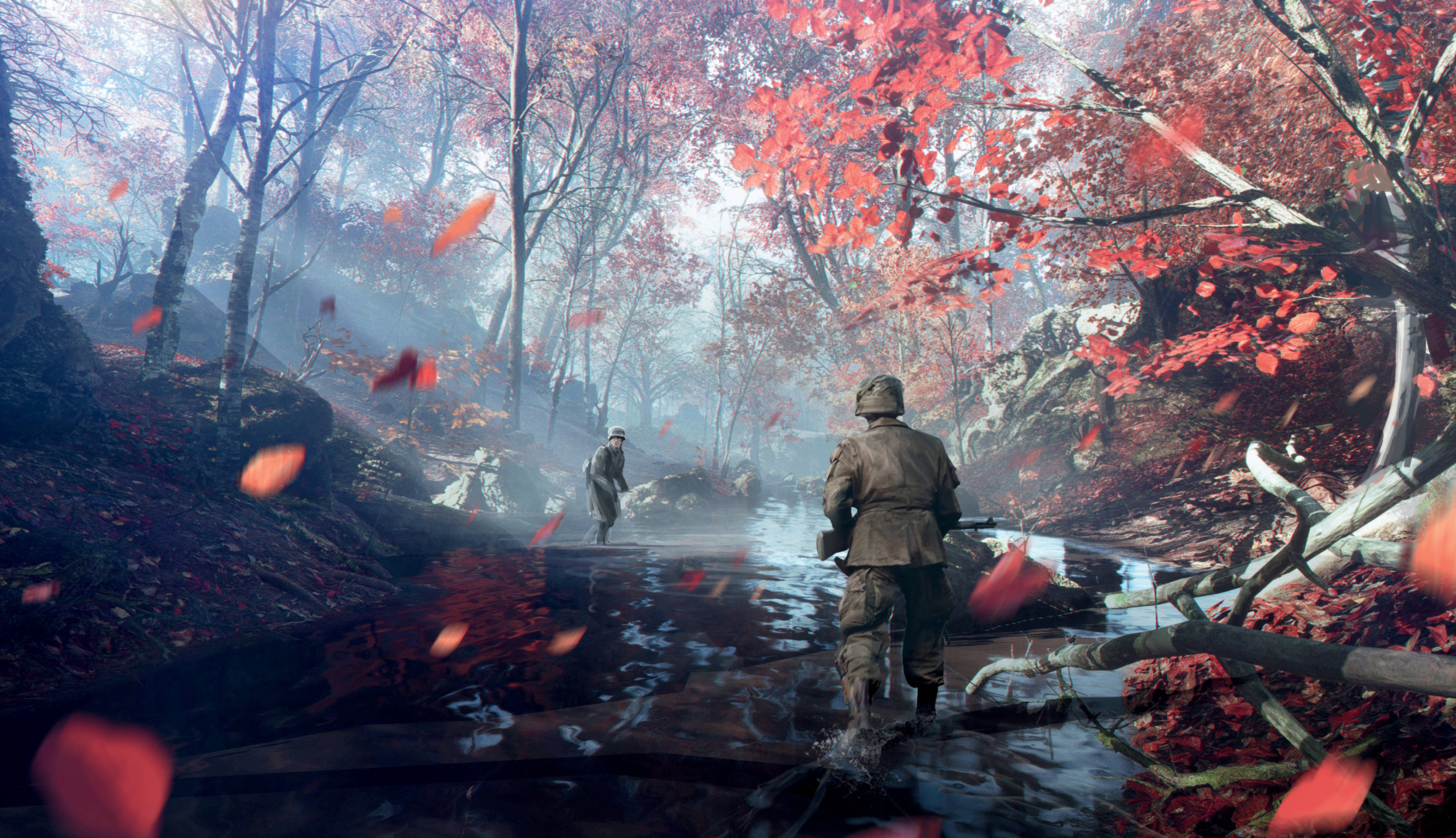 Battlefield 1 HD 桌布 壁紙 — 兩名士兵涉水穿過迷霧森林，深紅色的樹葉在他們周圍旋轉，構成一個令人難忘的秋日場景。