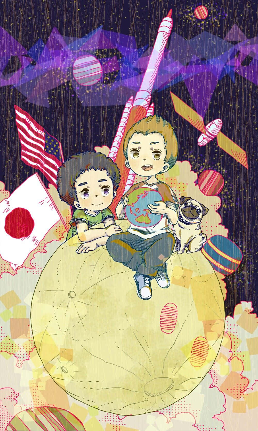 兩個小孩和一隻八哥犬在地球儀上，太空中有旗幟和火箭。