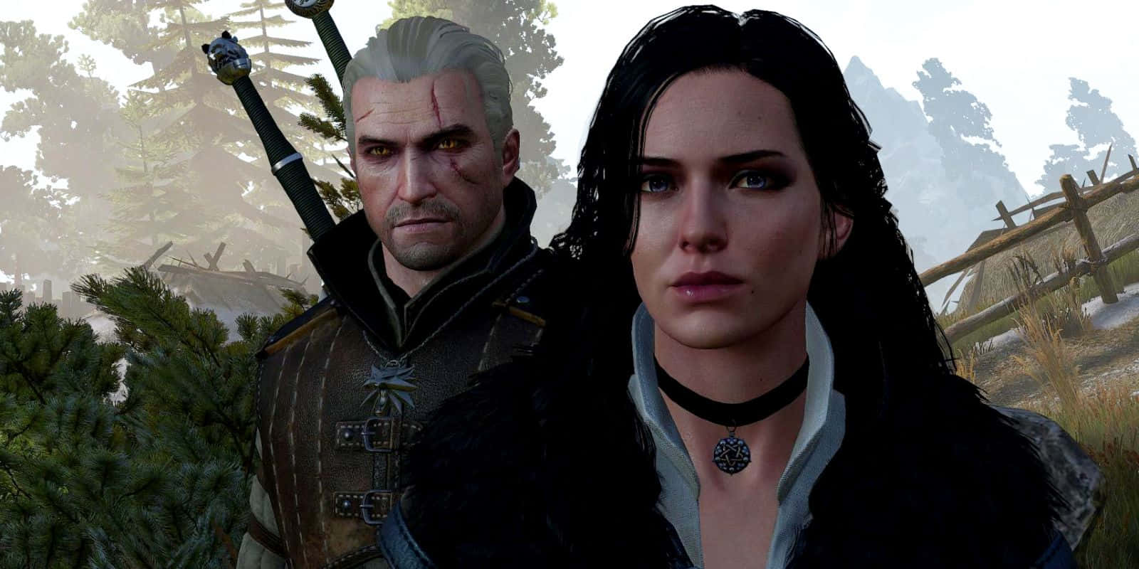 The Witcher Characters 桌布 壁紙 — 兩名奇幻戰士站在迷霧森林中，背負劍，身後有木柵欄。