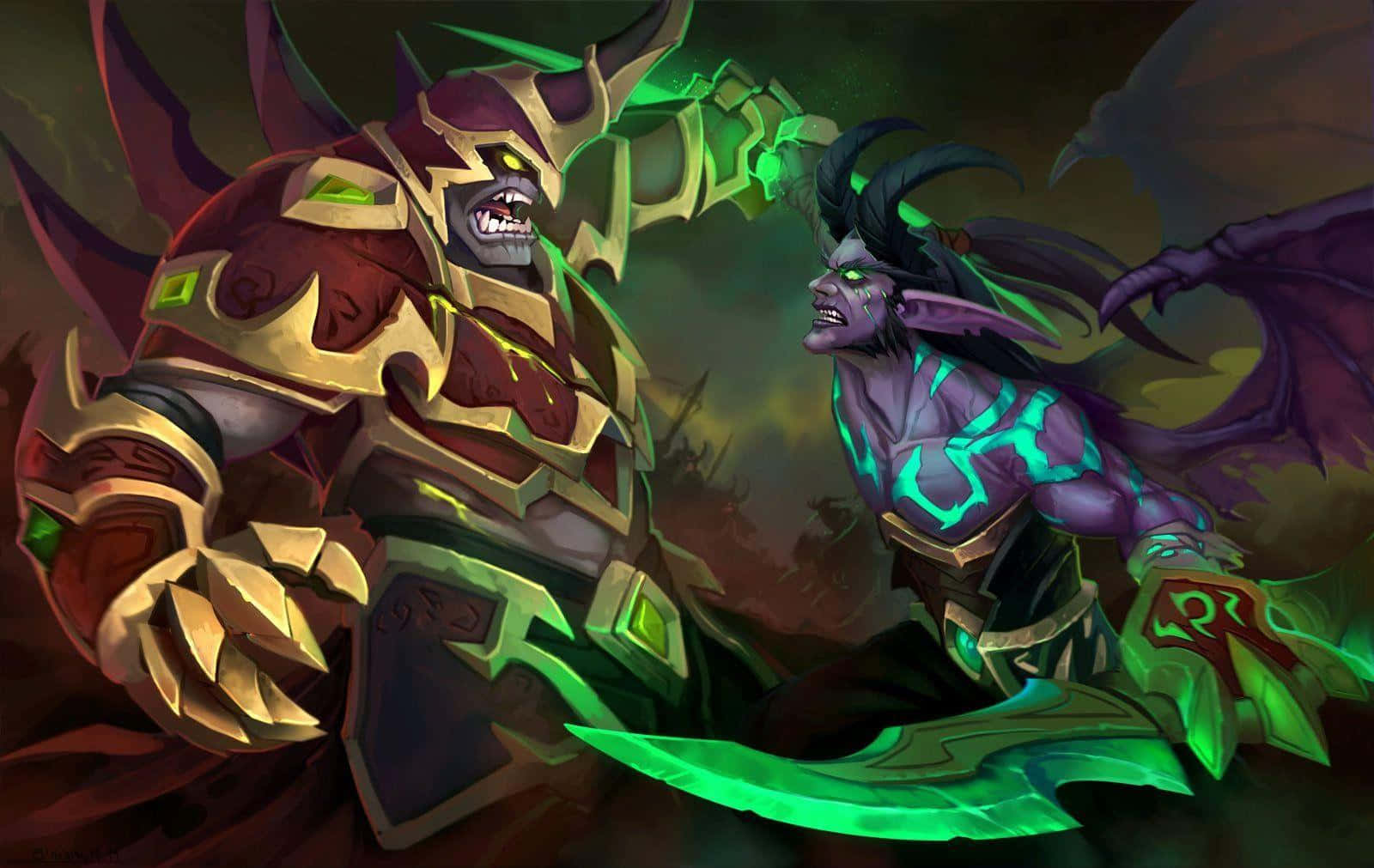 Demon Hunting 桌布 壁紙 — 兩名奇幻戰士身穿暗色盔甲，散發綠色能量，在陰暗的戰場上交鋒。