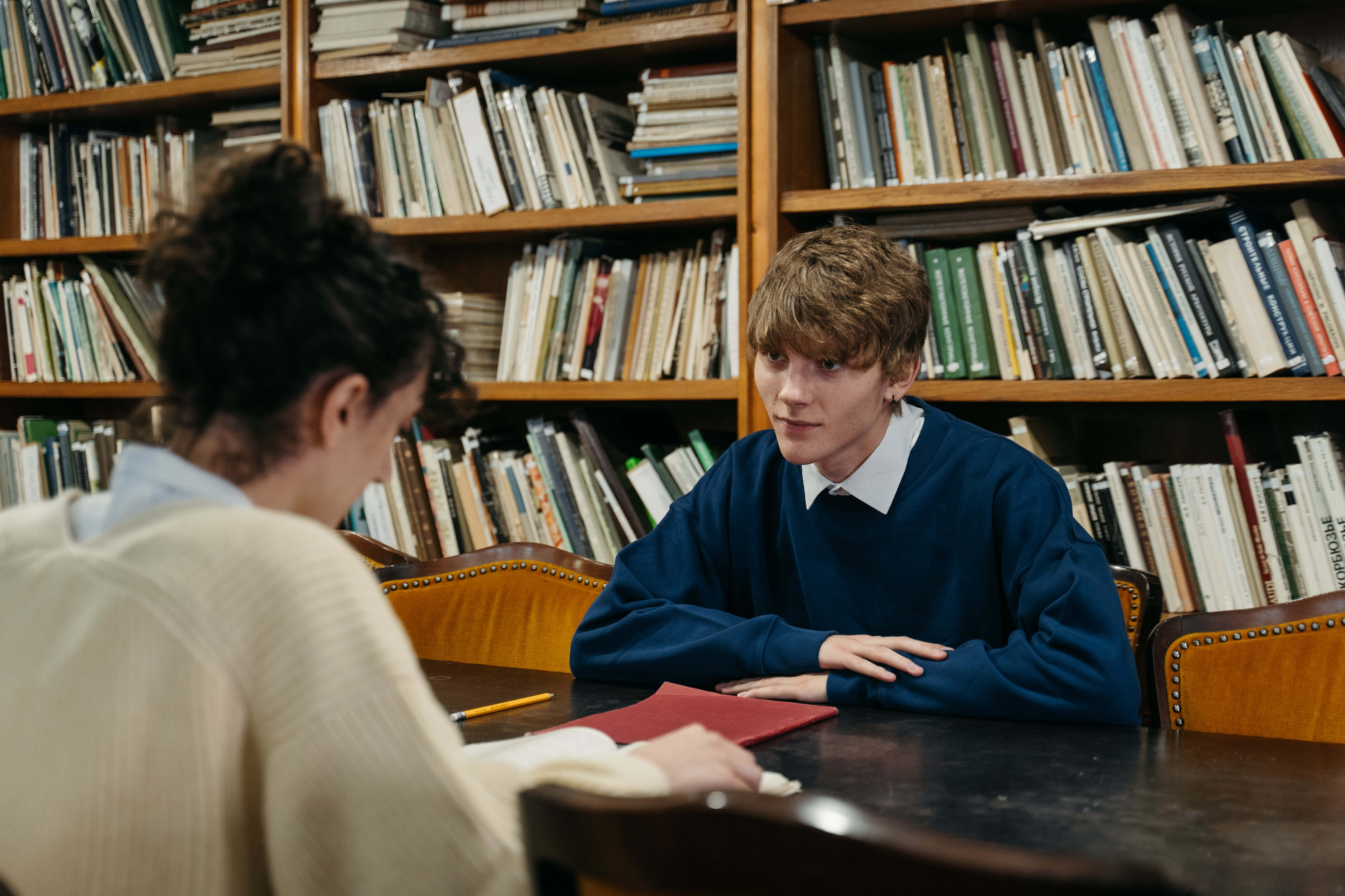 Navy Blue Sweater 桌布 壁紙 — 兩名學生在舒適的圖書館中，於被高聳書架環繞的木桌上安靜學習。