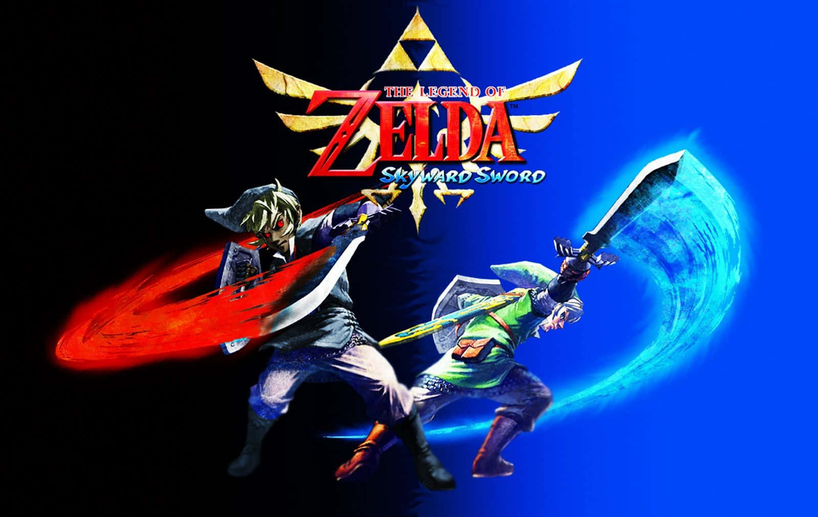 The Legend Of Zelda Skyward Sword 桌布 壁紙 — 兩名戰士以動態姿勢揮舞發光劍，在黑暗背景下與薩爾達傳說天空之劍標誌交鋒。