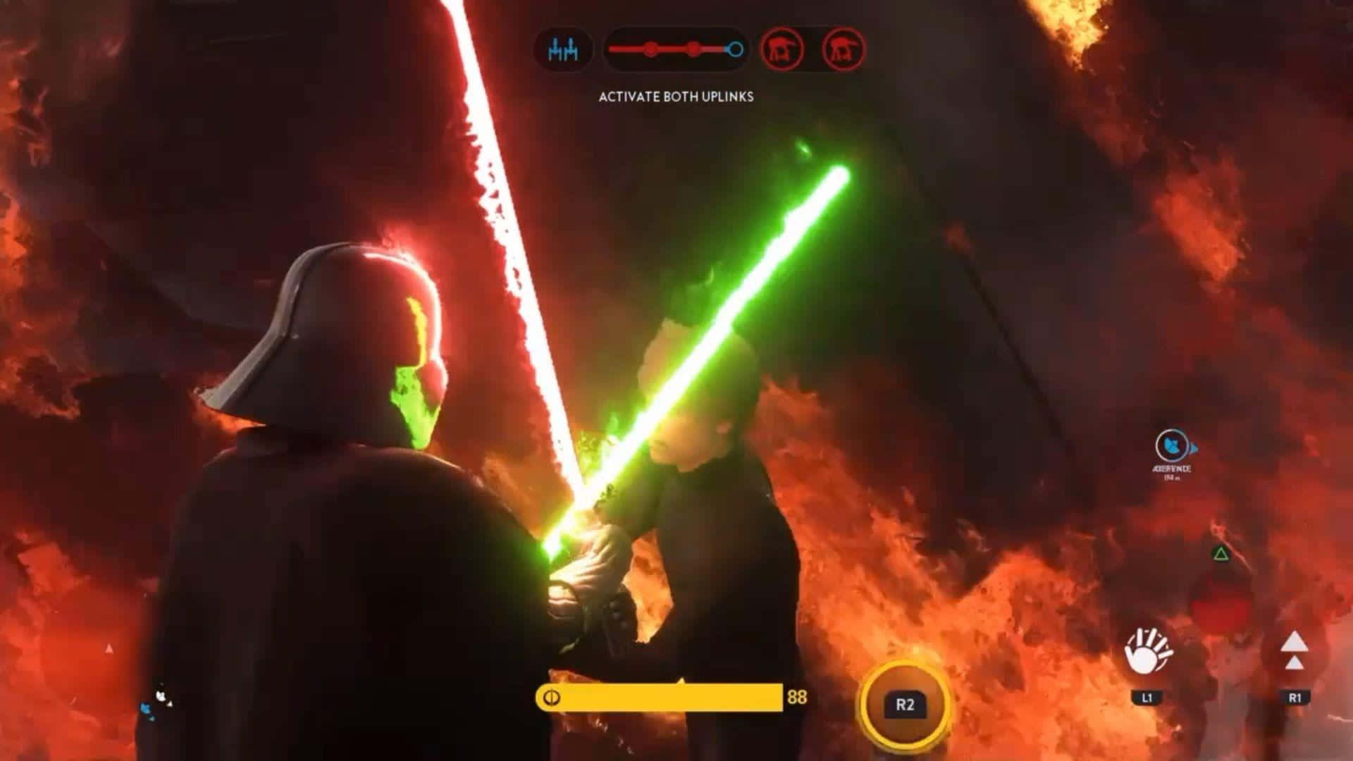 Lightsaber Duel 桌布 壁紙 — 兩名戰士在《星球大戰》遊戲場景中，於熾熱爆炸中揮舞紅色和綠色光劍交鋒。