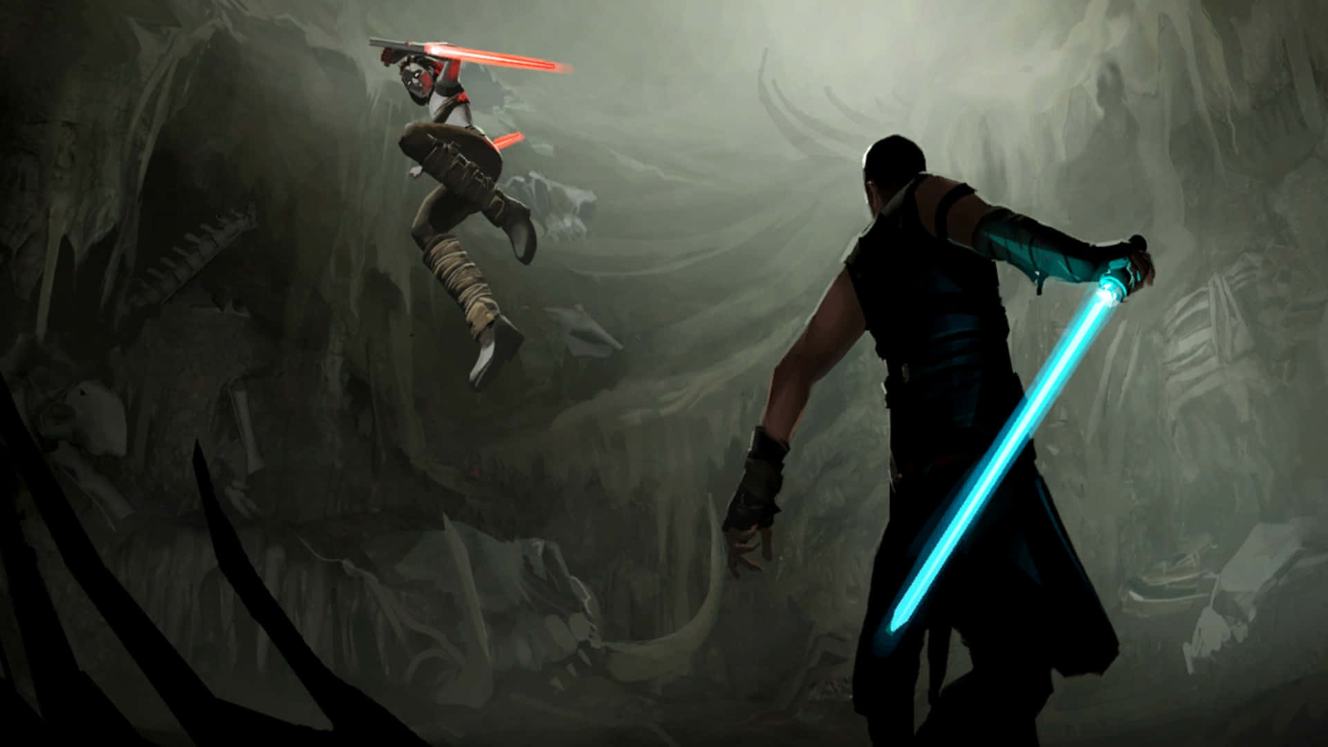 Lightsaber Duel 桌布 壁紙 — 兩名戰士在充滿巨型骨頭的迷霧洞穴中，用發光的激光劍決鬥。