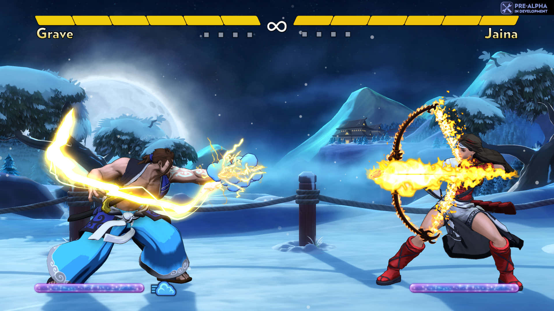 Fighting Games 桌布 壁紙 — 兩名戰士在滿月下的雪地競技場中，使用發光的能量武器交鋒。