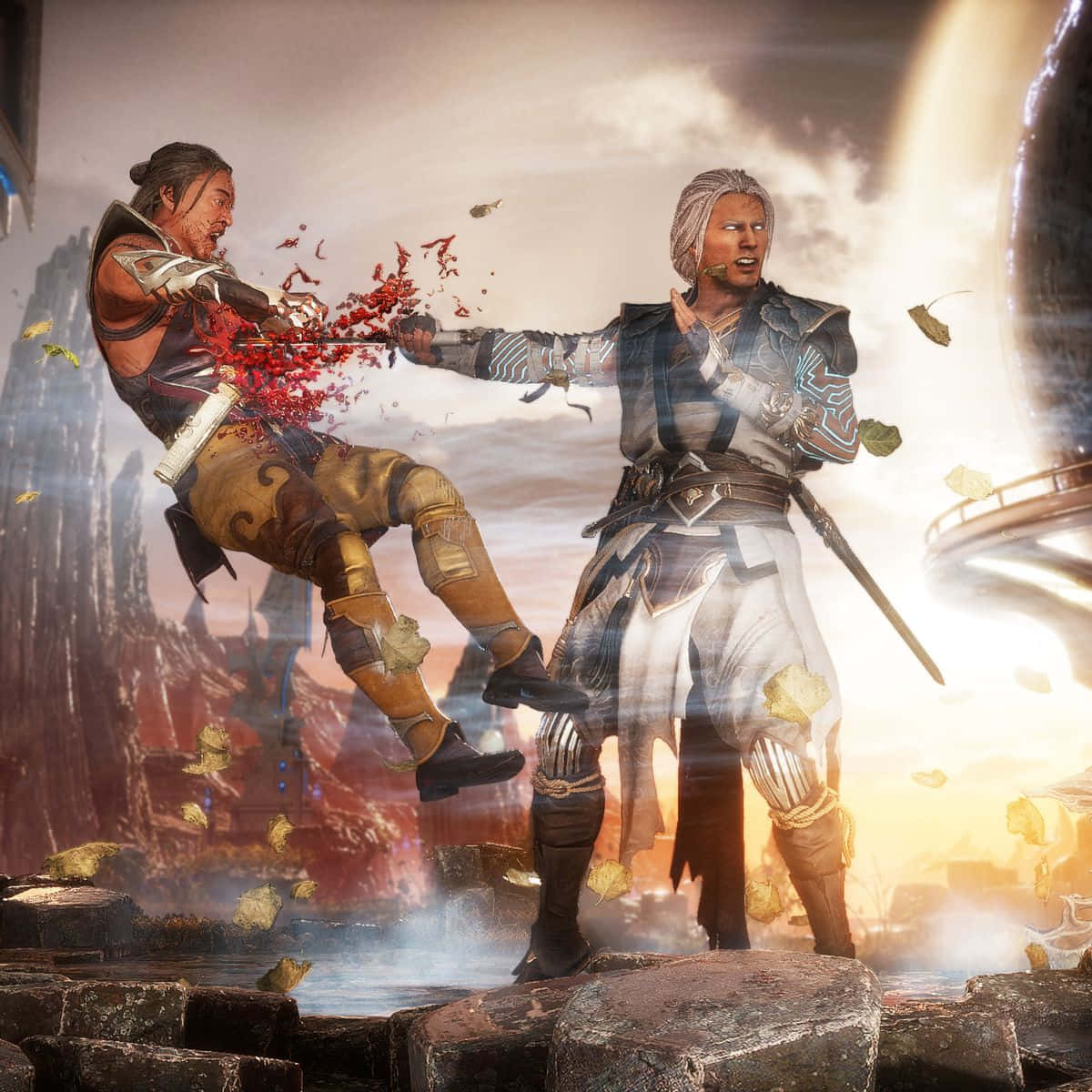 Mortal Kombat Fujin 桌布 壁紙 — 兩名戰士在激烈的劍鬥中碰撞，鮮血飛濺，秋葉在熾熱的夕陽中旋轉。