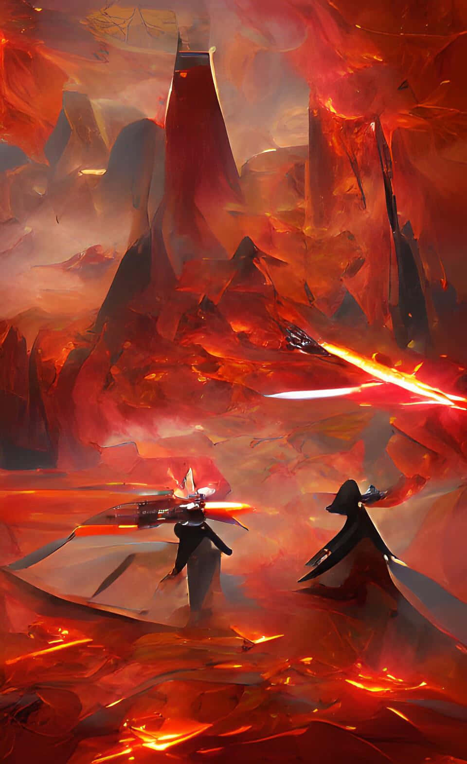 Mustafar 桌布 壁紙 — 兩名戰士在熔岩和尖峰組成的熾熱火山景觀中，以發光的刀刃交鋒。