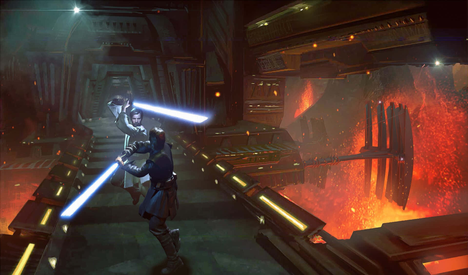 Mustafar 桌布 壁紙 — 兩名戰士在熾熱的工業走廊中用藍色光劍決鬥，下方有熔岩。