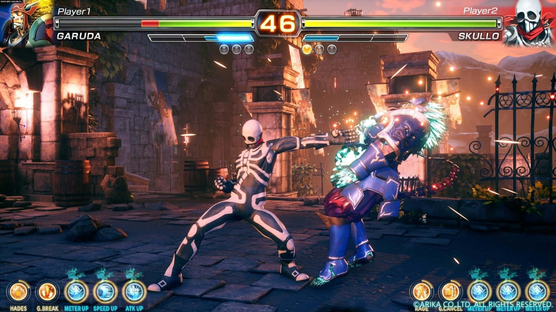 Fighting Games 桌布 壁紙 — 兩名戰士在熾熱的日落競技場中碰撞，周圍是古老的石頭廢墟和發光效果。