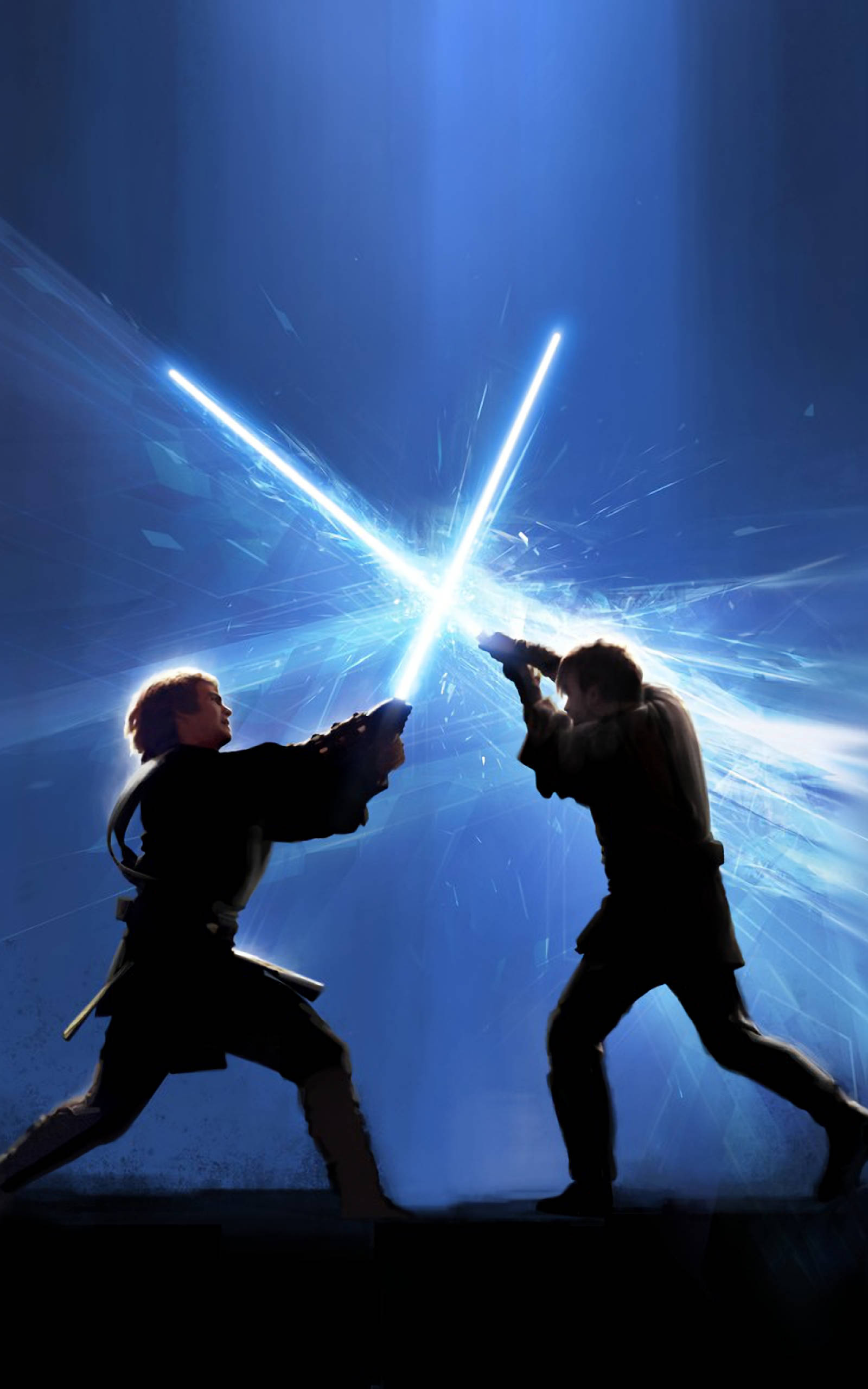 Anakin Skywalker 桌布 壁紙 — 兩名戰士在燦爛的藍色能量爆發下進行一場戲劇性的光劍決鬥。