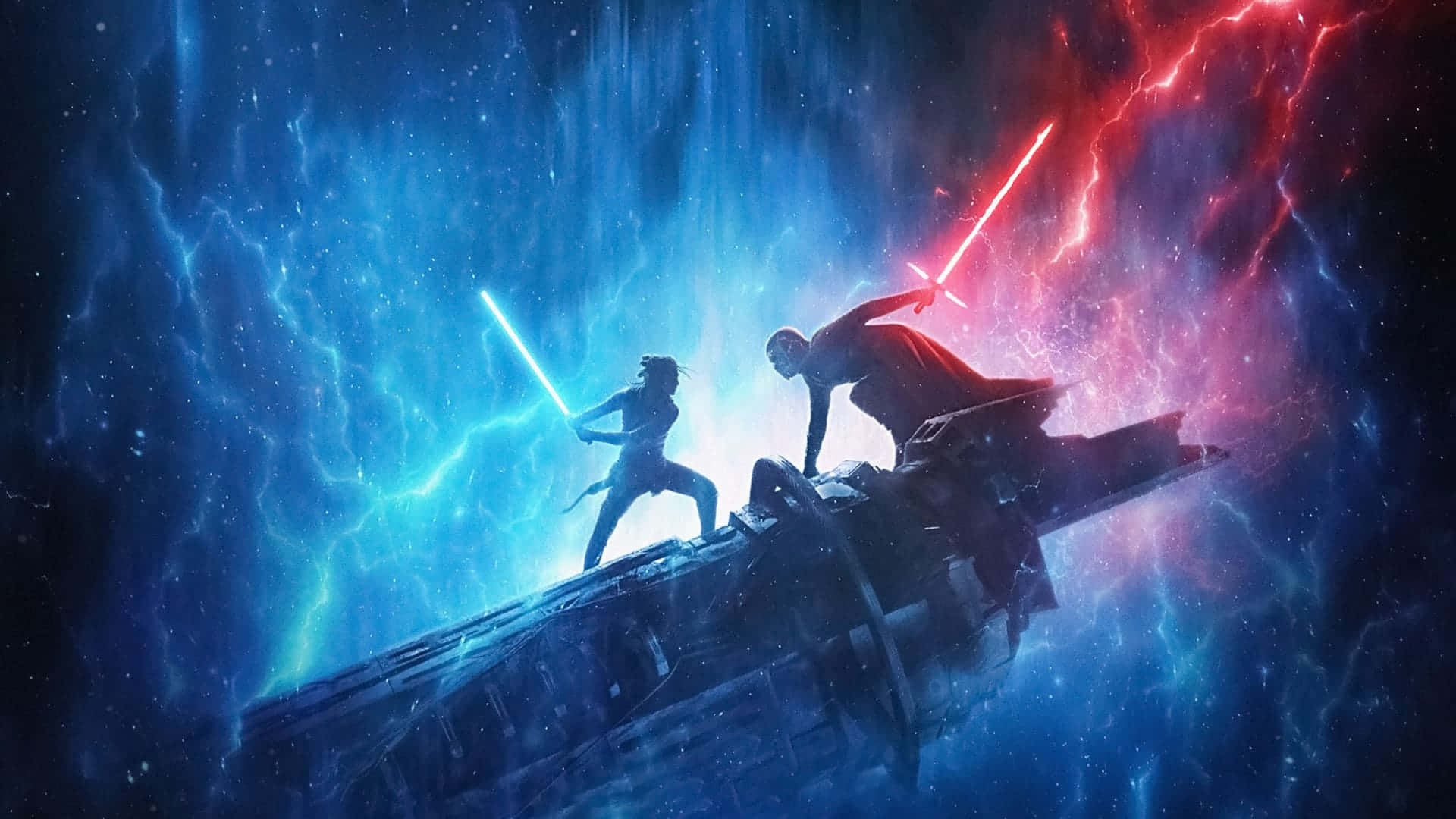 Cool Star Wars 桌布 壁紙 — 兩名戰士在破損的太空船上，用藍色和紅色的光劍決鬥，對抗電能宇宙風暴。