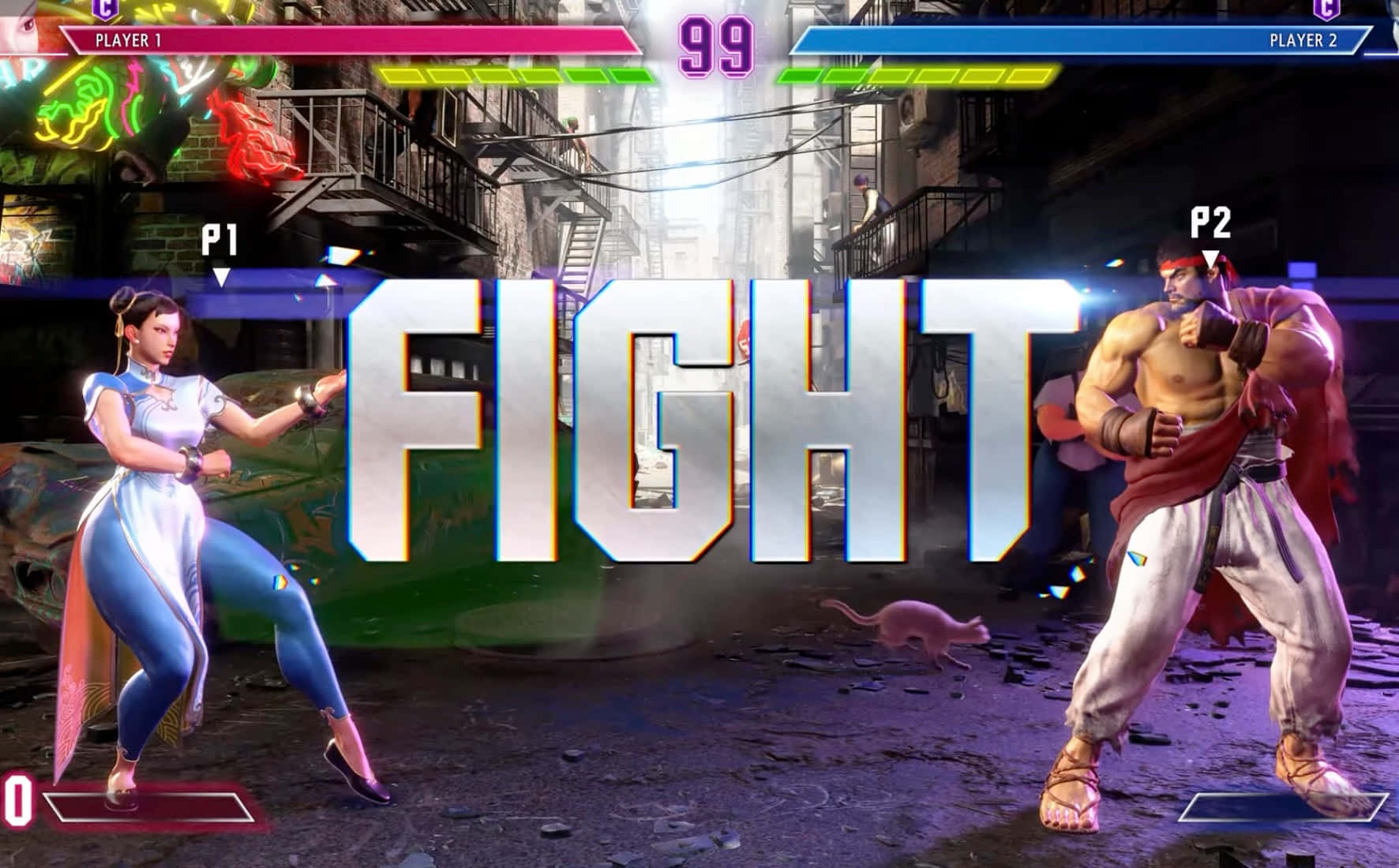 Fighting Games 桌布 壁紙 — 兩名戰士在霓虹燈照亮嘅城市後巷對峙，中間有一個發光嘅「FIGHT」標誌。