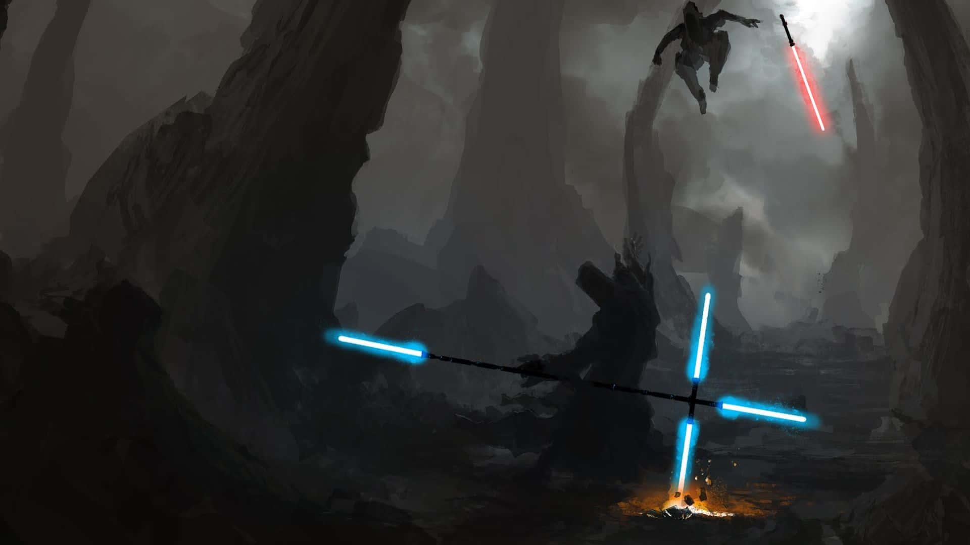 Sith Lord 桌布 壁紙 — 兩名戰士在霧氣瀰漫的洞穴中決鬥，一人手持紅色光劍躍起，另一人則手持藍色光劍穩站地面。