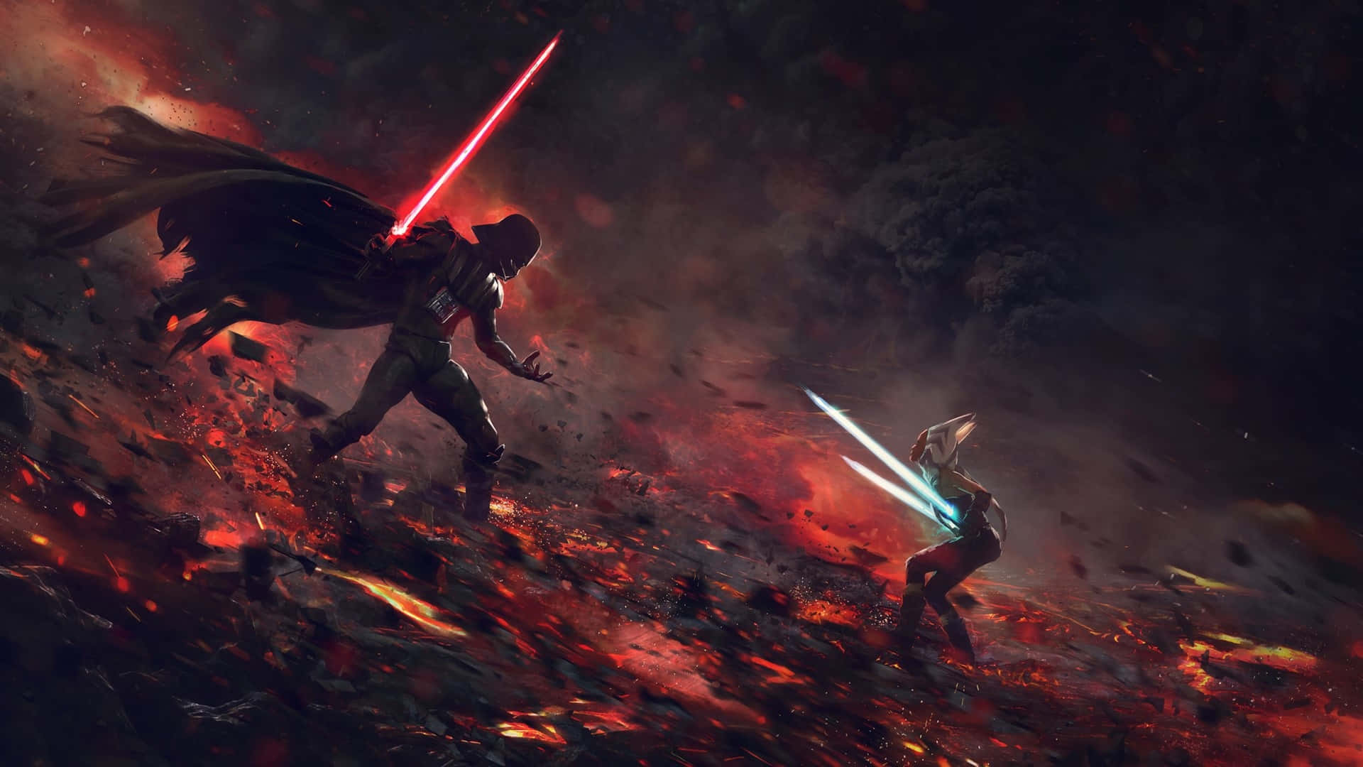 Lightsaber Duel 桌布 壁紙 — 兩名戰士在黑暗天空下的熾熱火山戰場上，用紅色和藍色光劍交鋒。