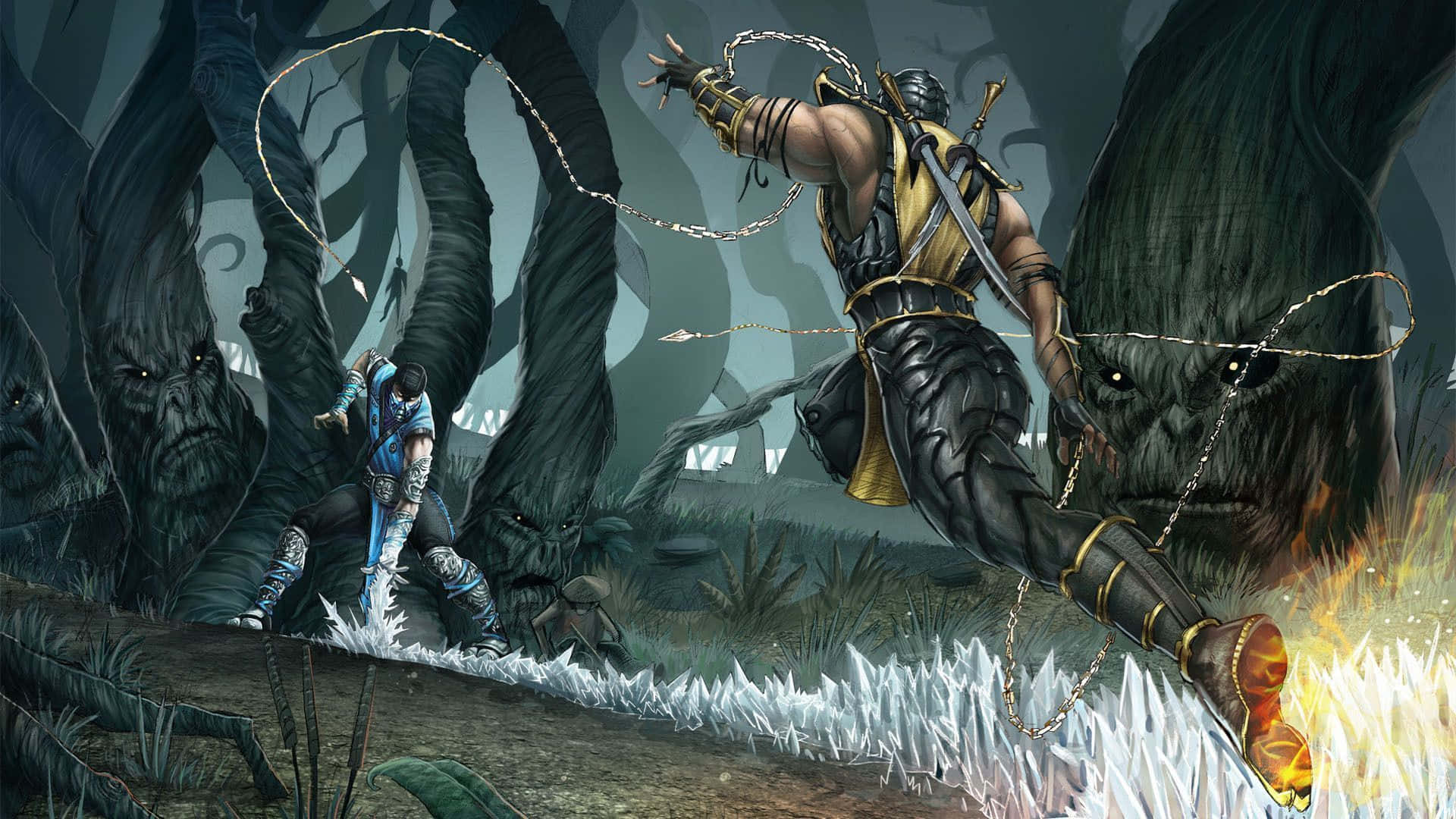 Mortal Kombat Legacy 桌布 壁紙 — 兩名戰士在黑暗森林中交鋒，身後有巨大的樹怪潛伏，其中一人手持鏈條武器躍起。