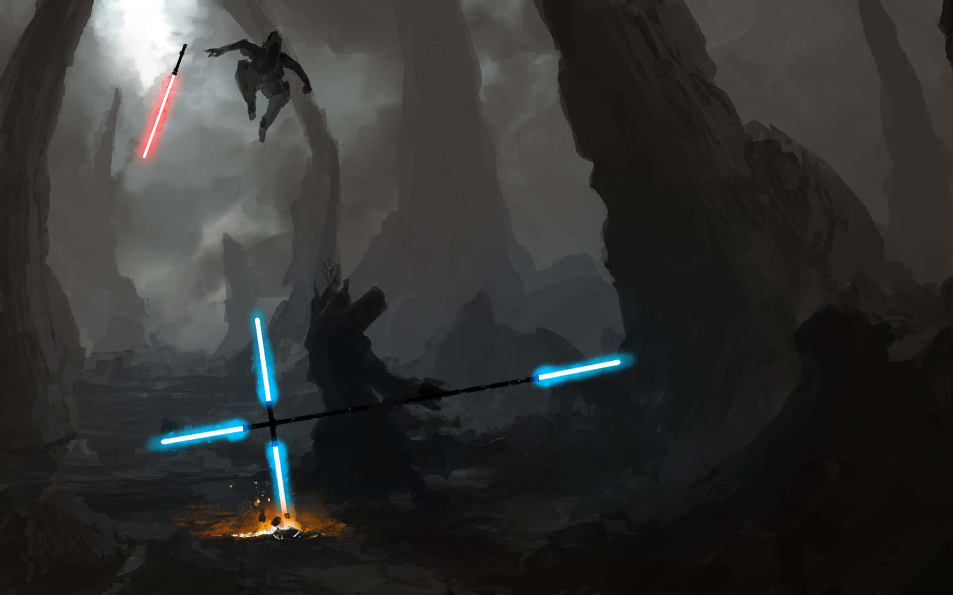 Lightsaber Duel 桌布 壁紙 — 兩名戰士在黑暗洞穴中交鋒，一人手持紅色光劍躍起，另一人則以藍色雙刃光劍防禦。