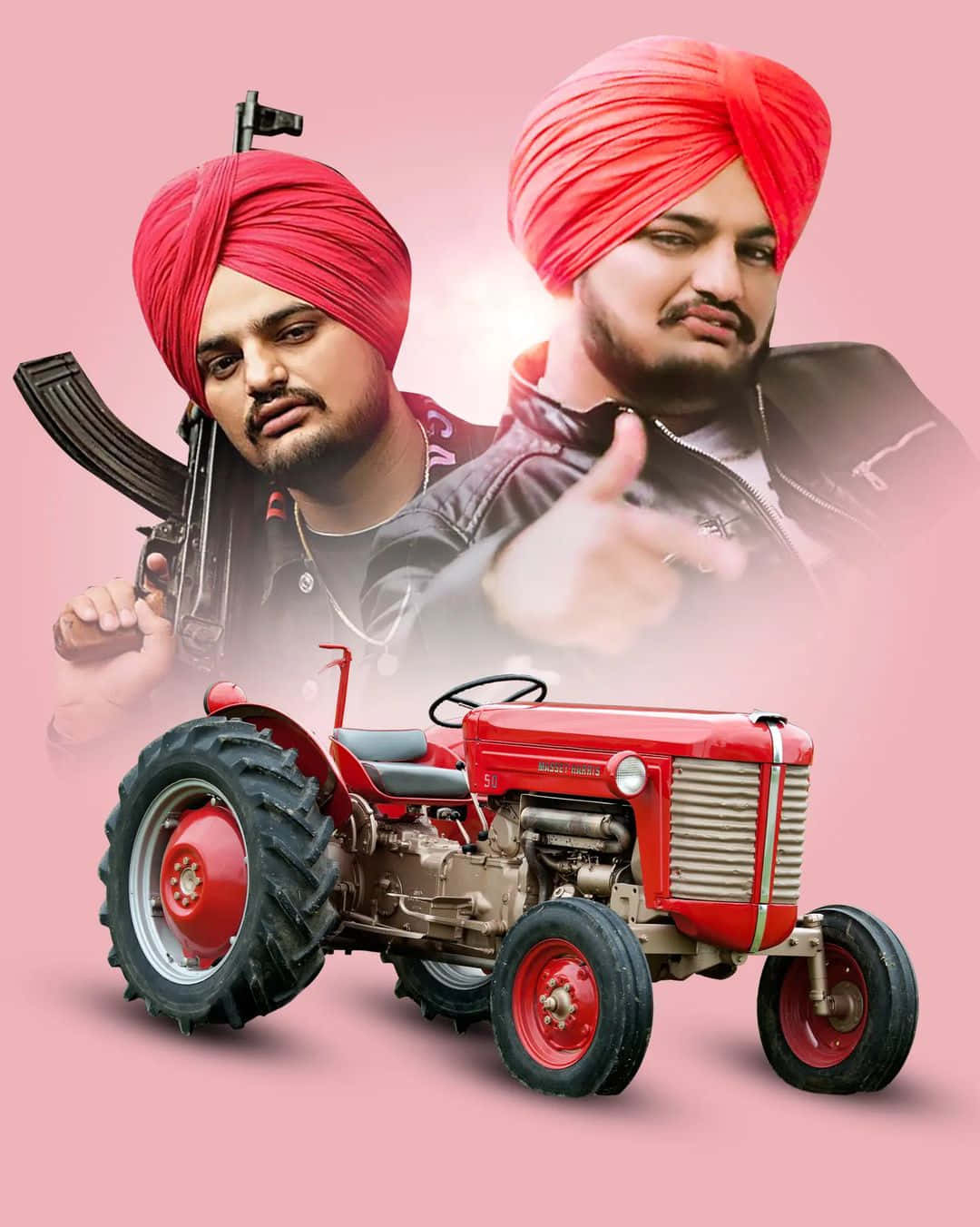 Sidhu Moose Wala 桌布 壁紙 — 兩名戴紅色頭巾的男子在粉紅色背景前與一輛紅色拖拉機合影，一人手持步槍，另一人豎起大拇指。