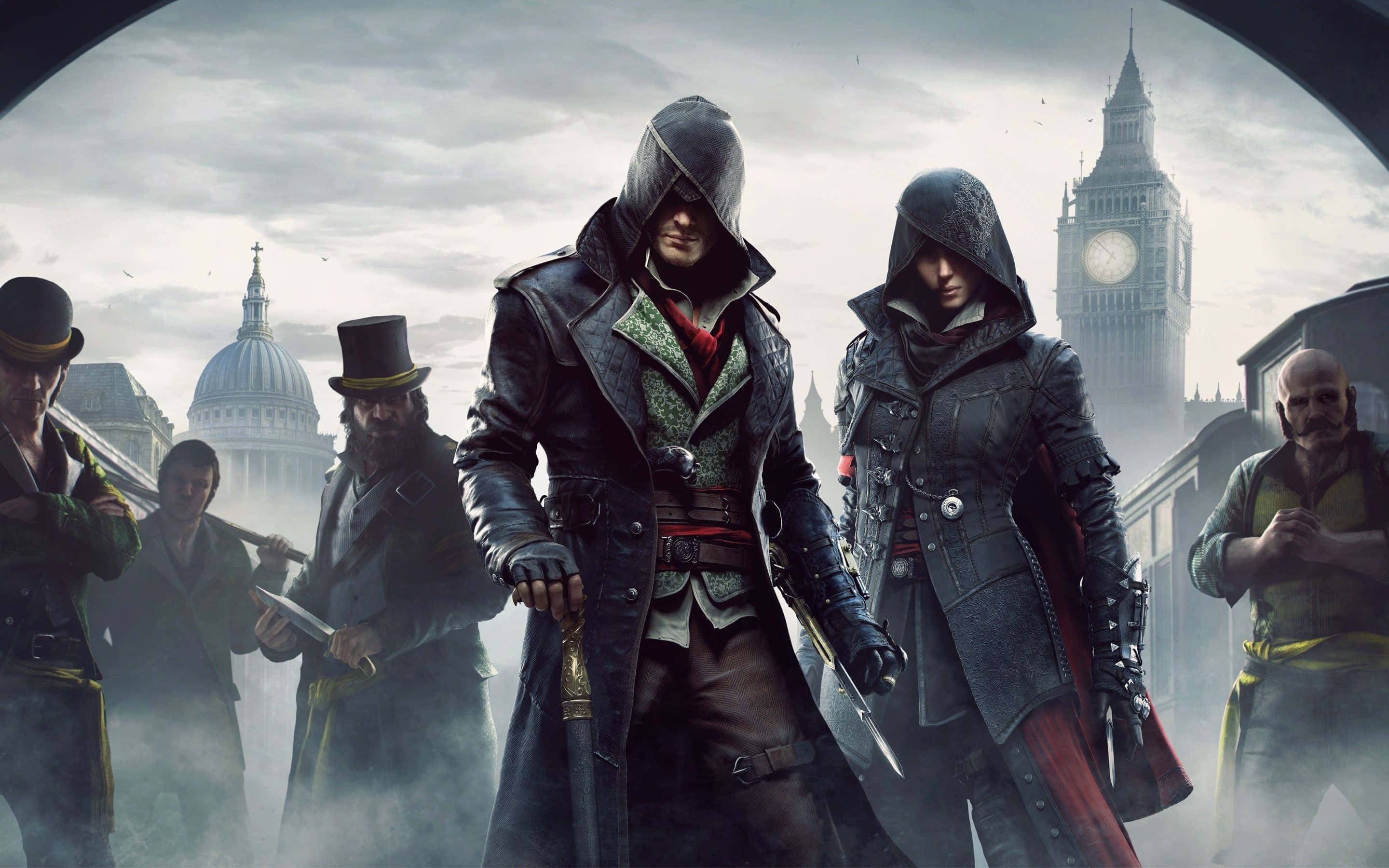 Assassin's Creed Syndicate 桌布 壁紙 — 兩名戴著兜帽的刺客在霧氣瀰漫的倫敦街道上持刀待命，身後是大笨鐘和聖保羅大教堂。