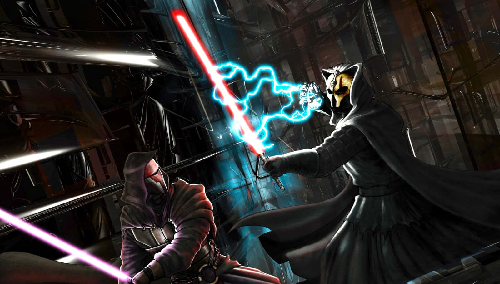 Lightsaber Duels 桌布 壁紙 — 兩名戴著兜帽的戰士在黑暗的工業環境中，用發光的紅色和藍色光劍交鋒。