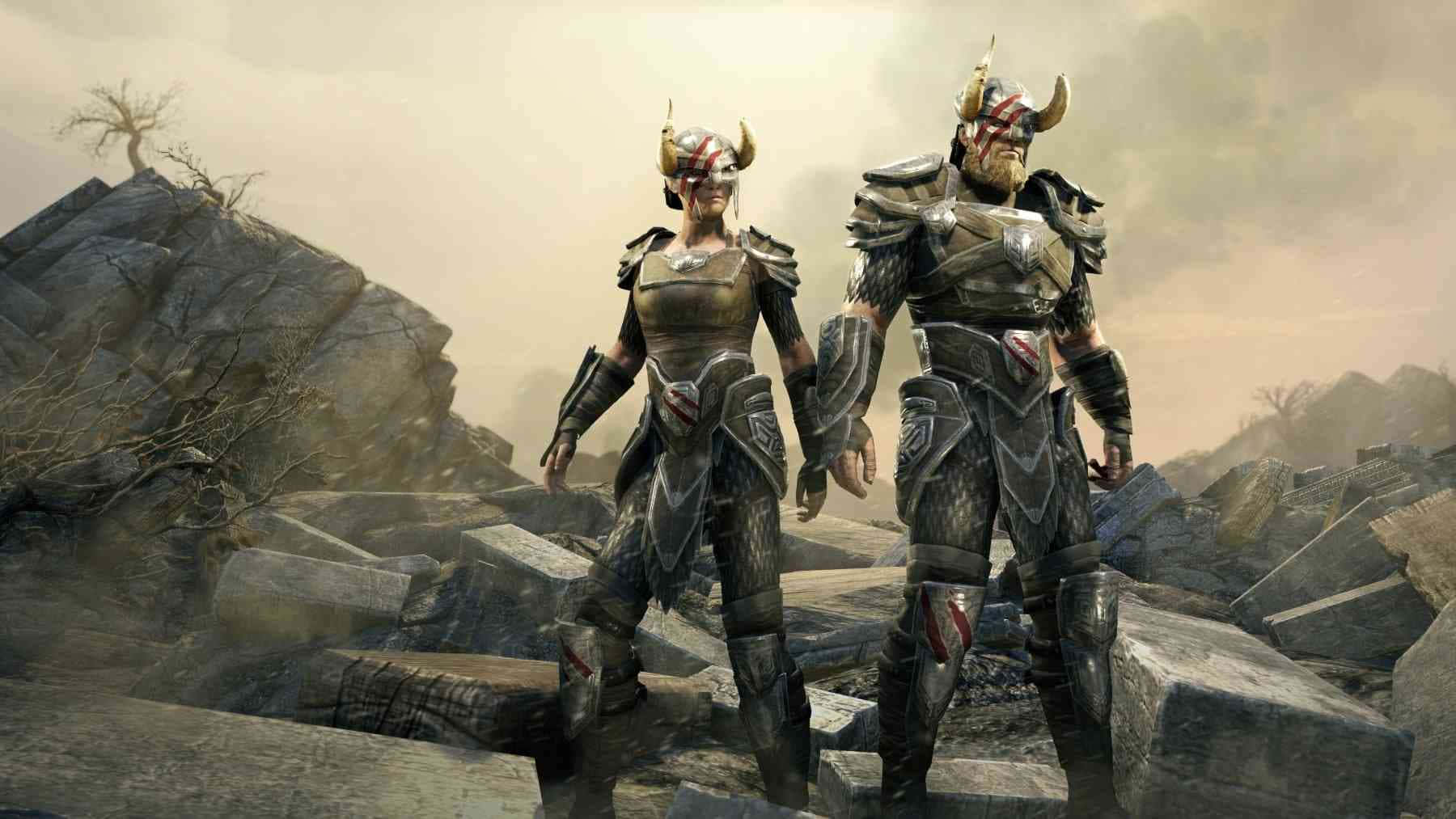 Thieves Guild 桌布 壁紙 — 兩名戴著角盔的裝甲戰士站在朦朧天空下荒涼塵土飛揚的廢墟中。