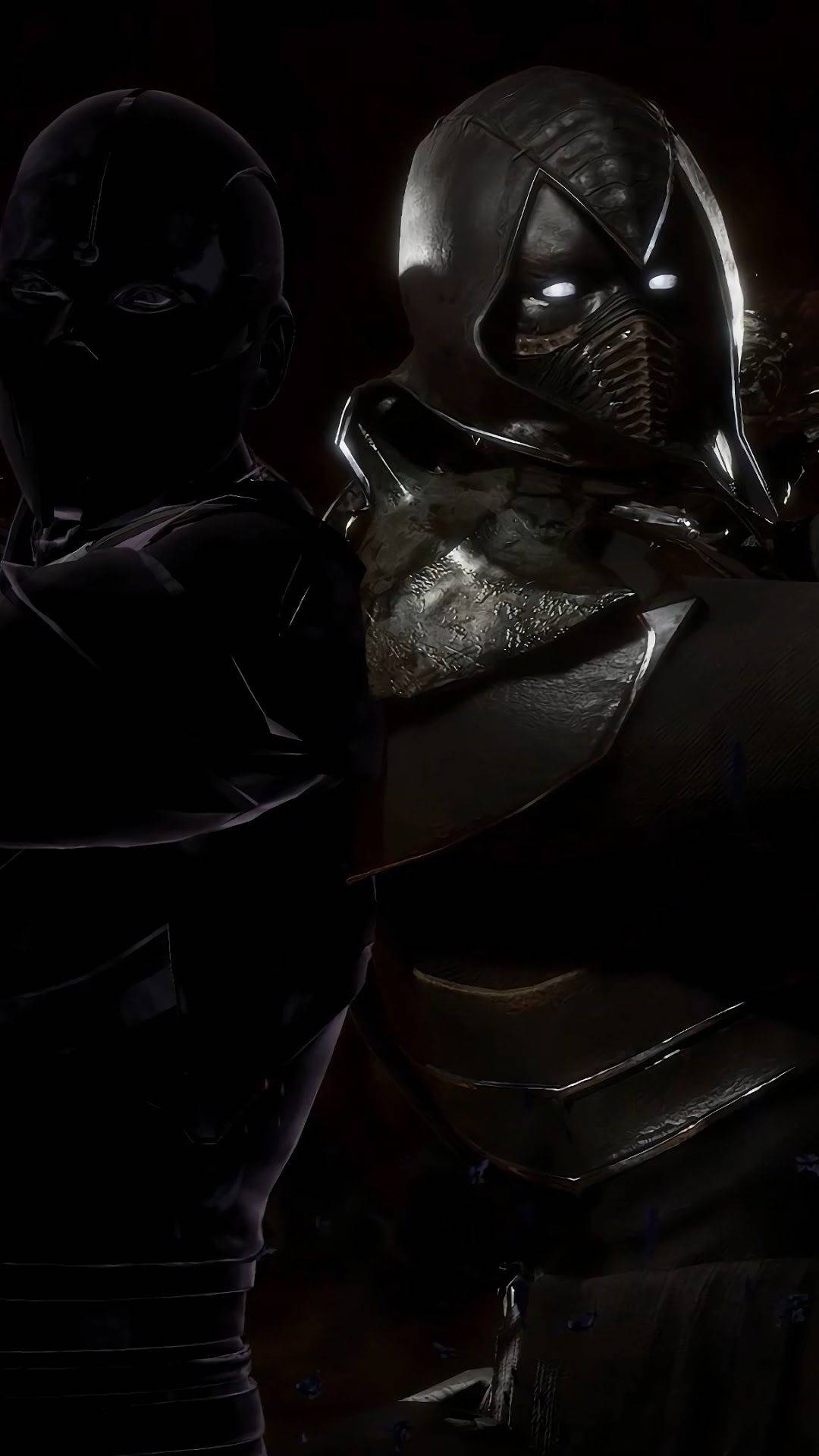 iPhone 11 Pro Max Noob Saibot 壁紙 — 兩名戴面具的戰士身穿暗色盔甲，以發光的眼睛和金屬質感站立在陰影戰鬥姿勢中。