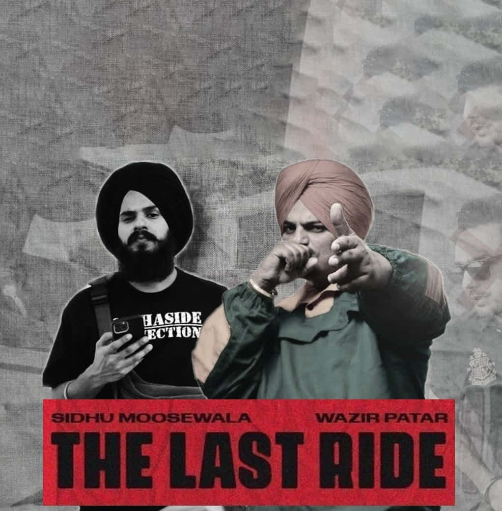 Sidhu Moose Wala 桌布 壁紙 — 兩名戴頭巾的男子在粗糙紋理背景前擺出強烈姿勢，並帶有粗體紅色文字「THE LAST RIDE」。