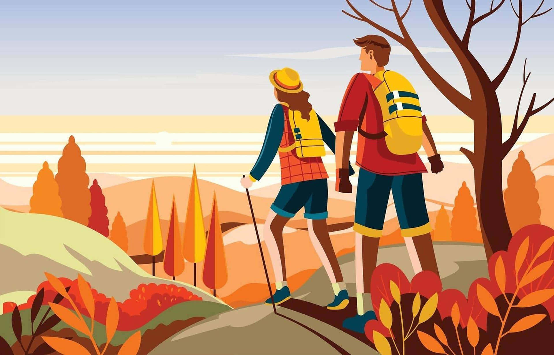 Hiking 桌布 壁紙 — 兩名揹著背包的遠足者沿著蜿蜒的小徑穿過充滿活力的秋葉，在柔和的天色下前行。