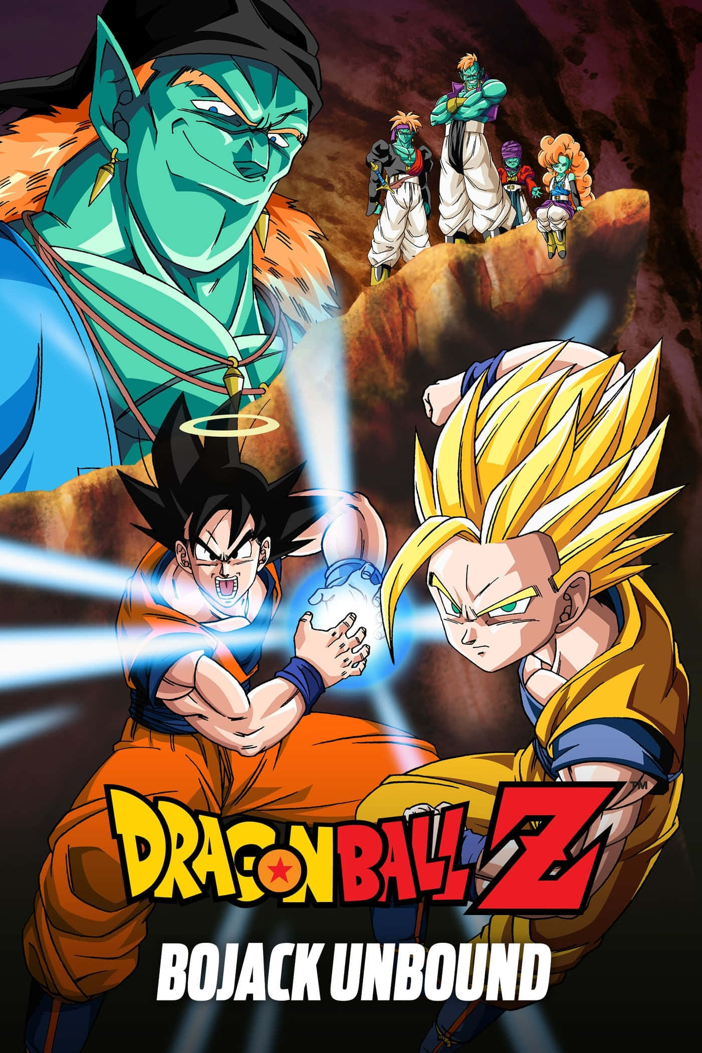 Dbz Movies 桌布 壁紙 — 兩名撒亞人戰士在一場發光的能量戰鬥中碰撞，一個綠色皮膚的神明在他們上方若隱若現。