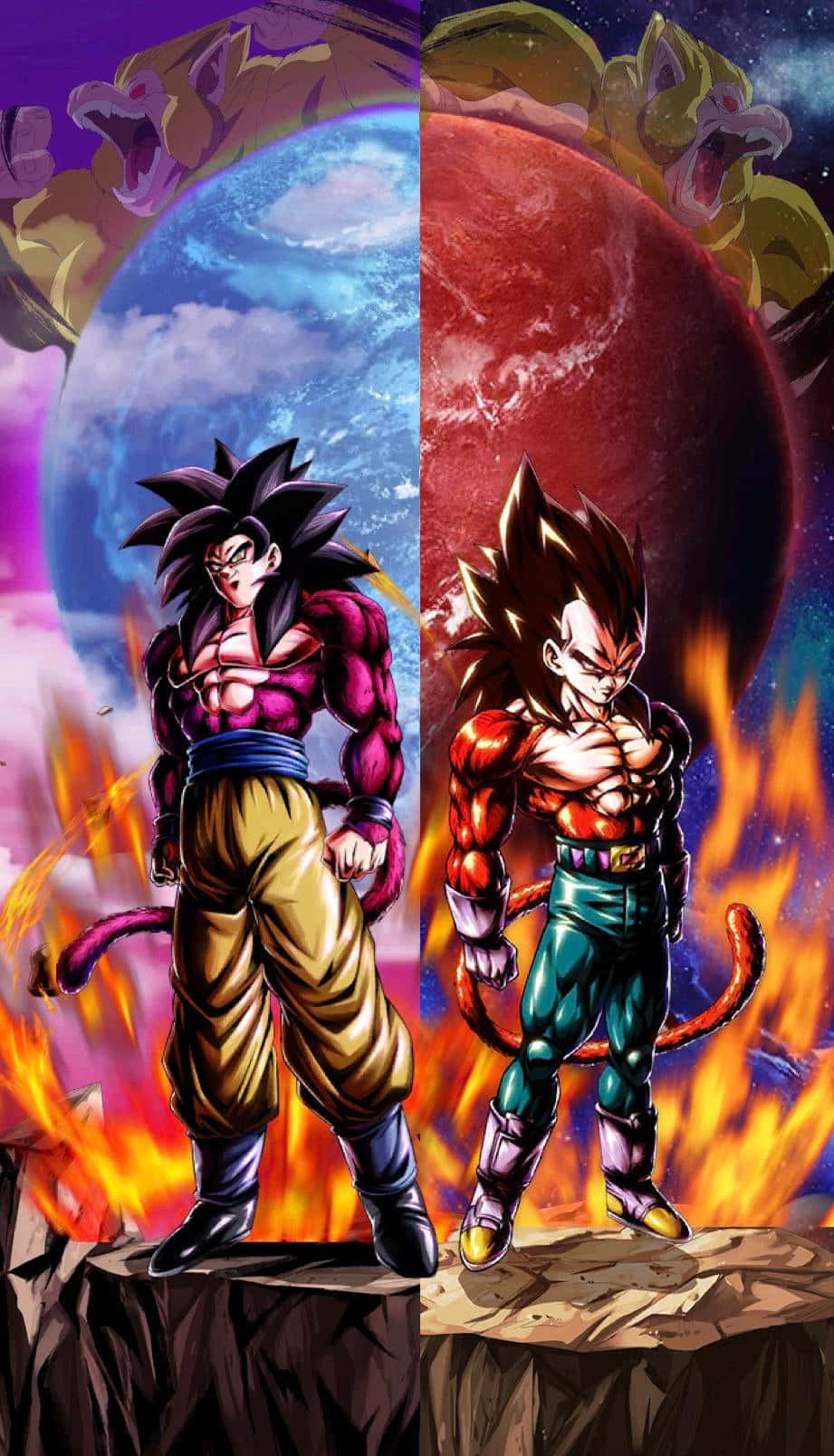Super Saiyan 4 桌布 壁紙 — 兩名撒亞人戰士站在岩石露頭上，在藍色和紅色行星的宇宙背景下，熾熱的能量在他們周圍旋轉，彼此對峙。