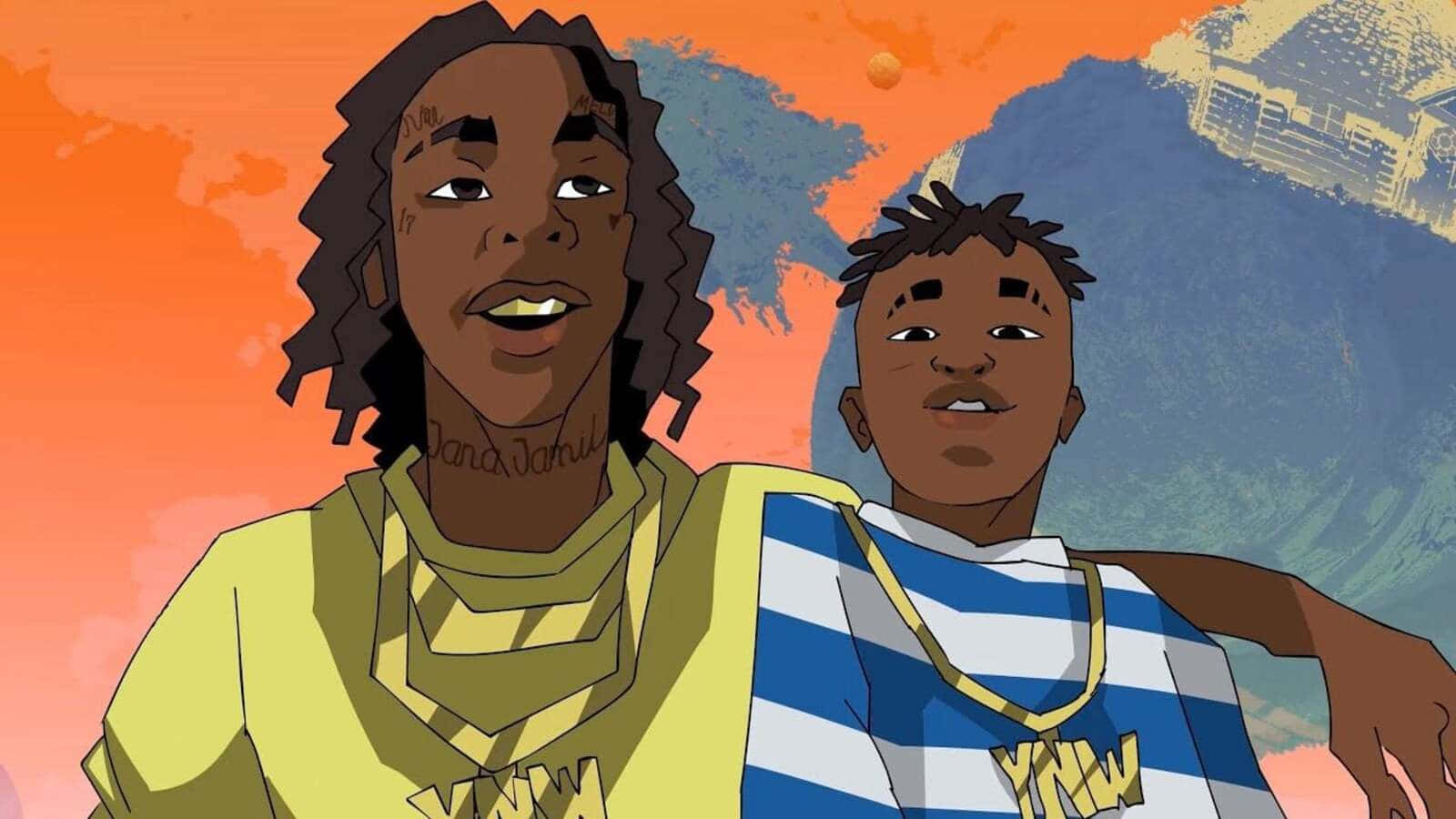 Ynw Melly Cartoon 桌布 壁紙 — 兩名有紋身和戴金鏈的動畫年輕男子在充滿活力的橙色和藍色抽象背景前自信地擺姿勢。