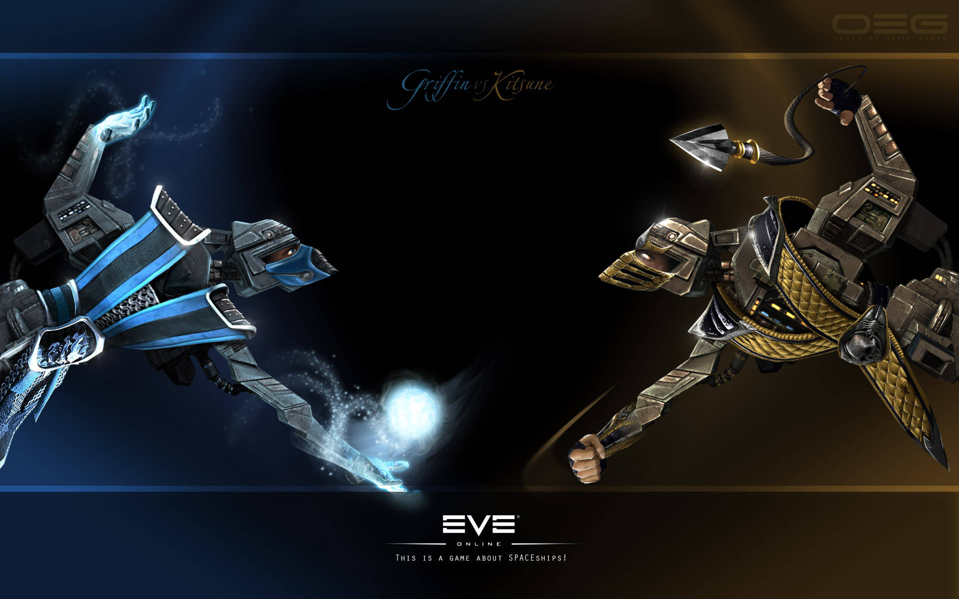 Eve Online 桌布 壁紙 — 兩名未來風格的裝甲飛行員在零重力環境下，手持發光武器，在黑暗的宇宙背景下決鬥。