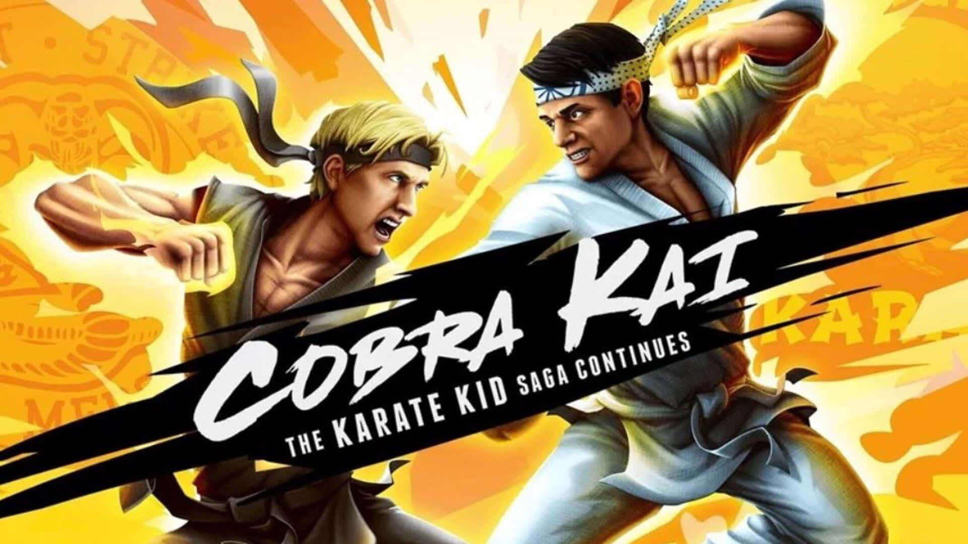 Kids Game 桌布 壁紙 — 兩名武術家以動態姿勢在熾熱的橙色背景上碰撞，粗體文字宣告著「Cobra Kai」。